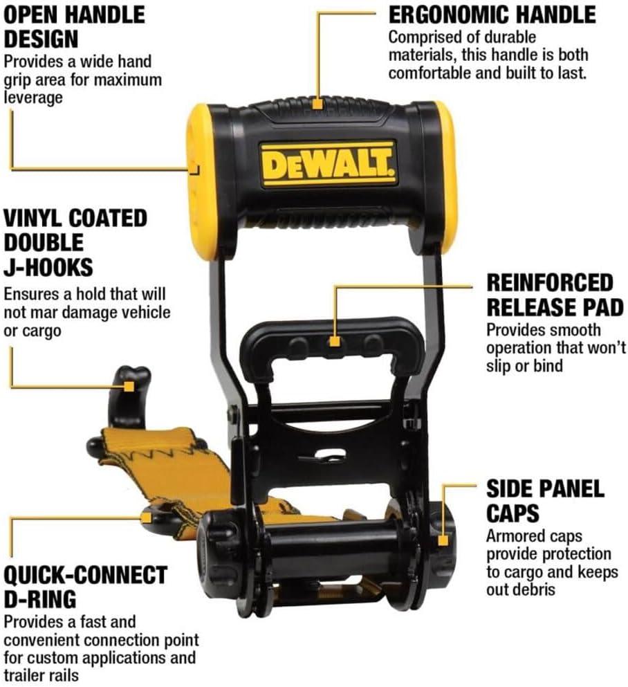 DEWALT DXBC33004 Black/Yellow 1.5" x 16' Ratchet Tie Down Straps - Mid-Weight Cargo Hauling (3300 lb Break Strength), 4 Pack