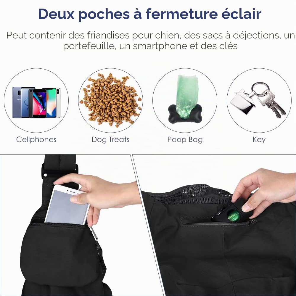 SlowTon Sling Dog, écharpe Papoose Main Libre pour Chien Chiot Sac de Transport de Chat avec Supports en Bas Bandoulière réglable et Ceinture de sécurité pour Les Petits Chiens pour Tous Les Jours
