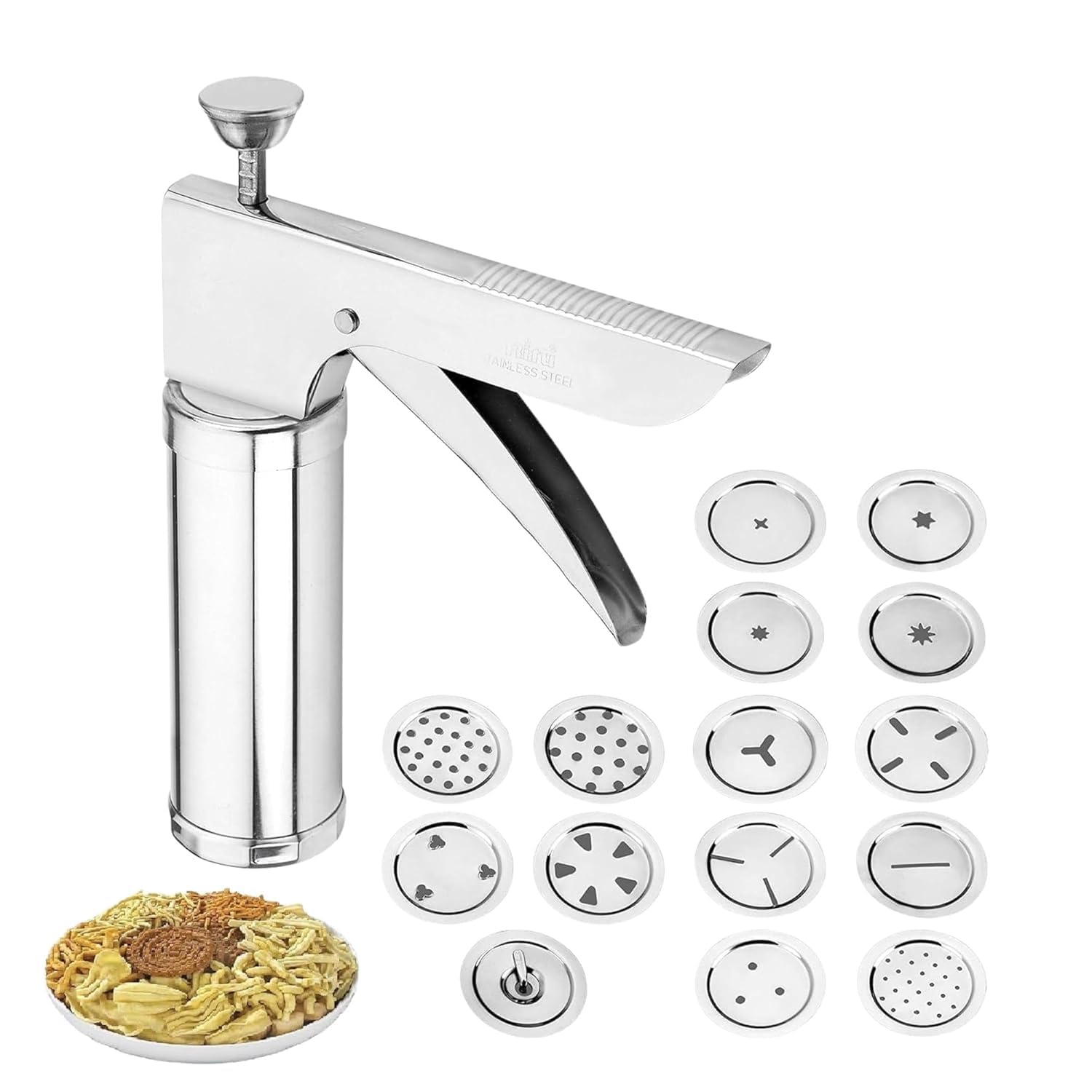 Stainless Steel Kitchen Press Murukku Maker Sev Maker Machine Chakli Farsan Snack Maker with 15 Disc Interchangeable Jali Heavy Duty Manual Dough Extruder for Indian Snacks Cookie Press-image-24