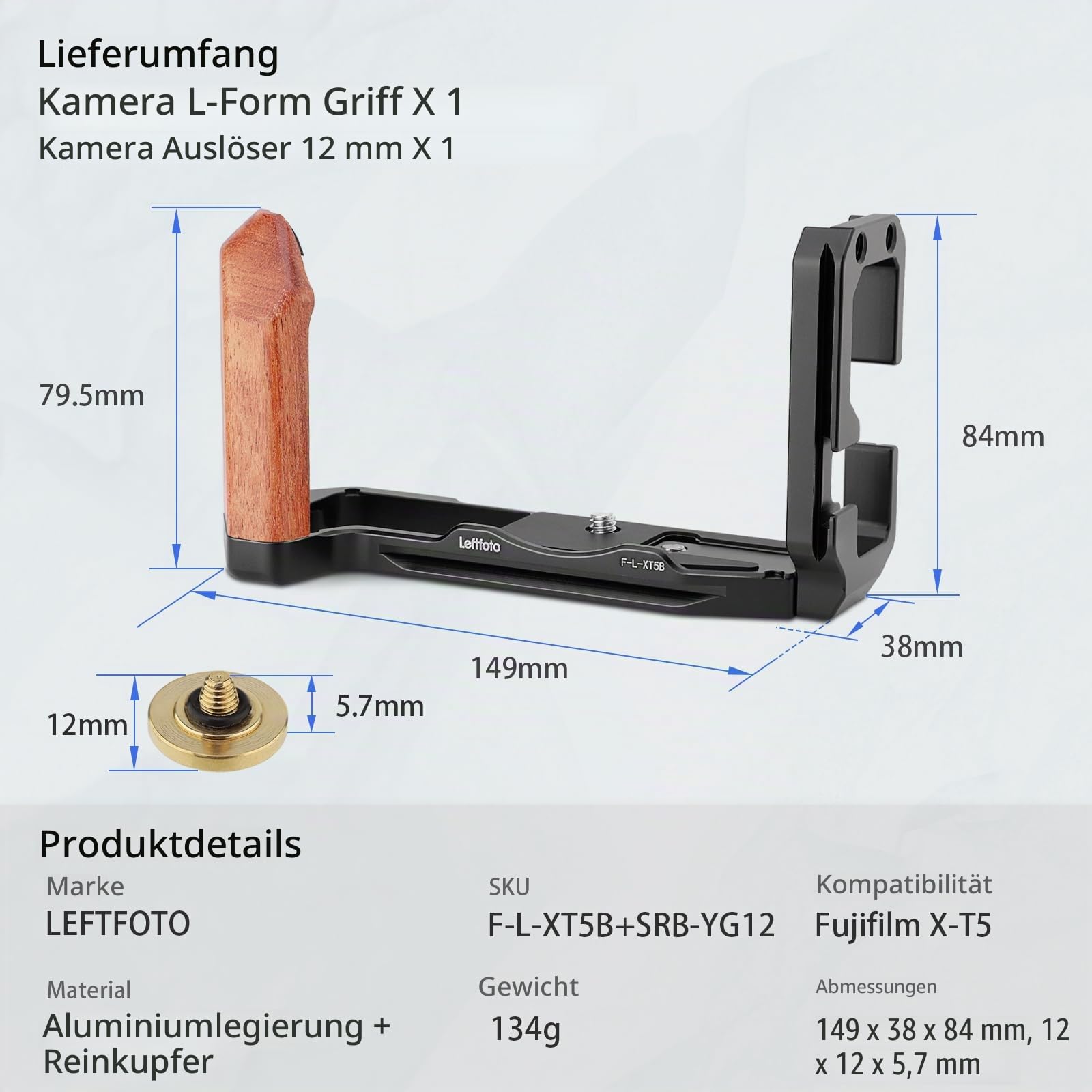 LEFTFOTO X-T5 Retro-Handgriff L-förmiger Halterungsgriff mit Holzgriff für Fuji XT5-Kamera, mit abnehmbaren vertikalen seitlichen Schnellwechselplatten, mit Arca-Schnellwechselplatte, mit Auslöser