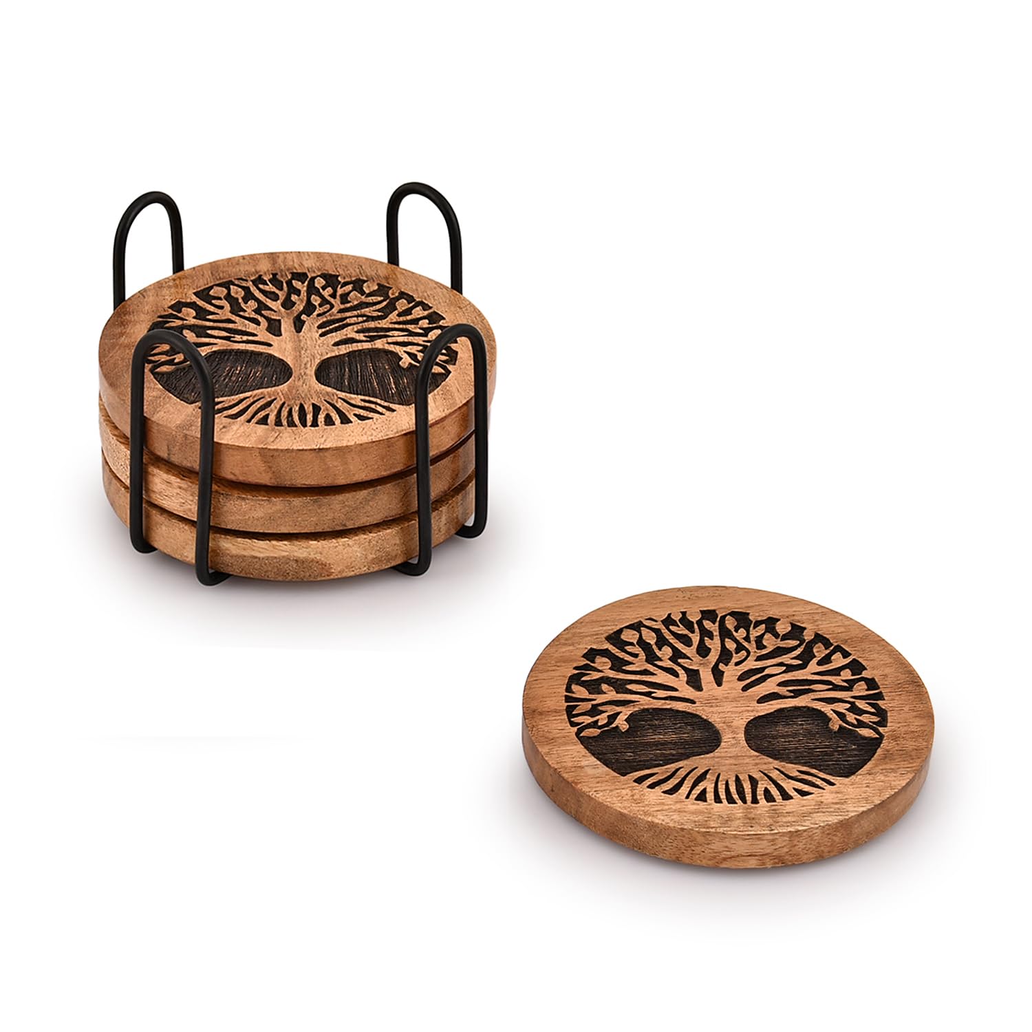 Juego de 4 posavasos redondos de madera hechos a mano para bebidas con soporte de hierro para cualquier tipo de mesa para bar, cocina, hogar, apartamento (4 x 4 x 0.5 pulgadas) 3