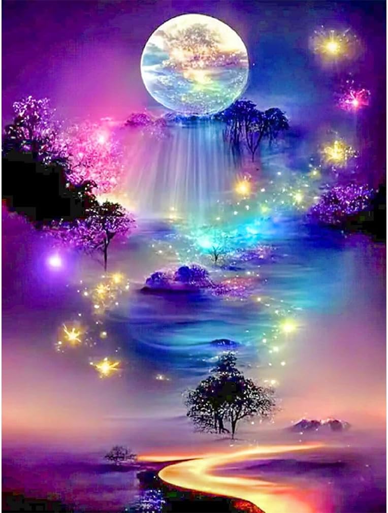 Diamond Art Kits for Adults Beginners,Moon Landscape Diamond Painting Kits,5D Full Drill Diamond Dots Gem Art Kits,DIY Round Paint with Diamonds Craft for Home Wall Decor Gifts 12x16inch