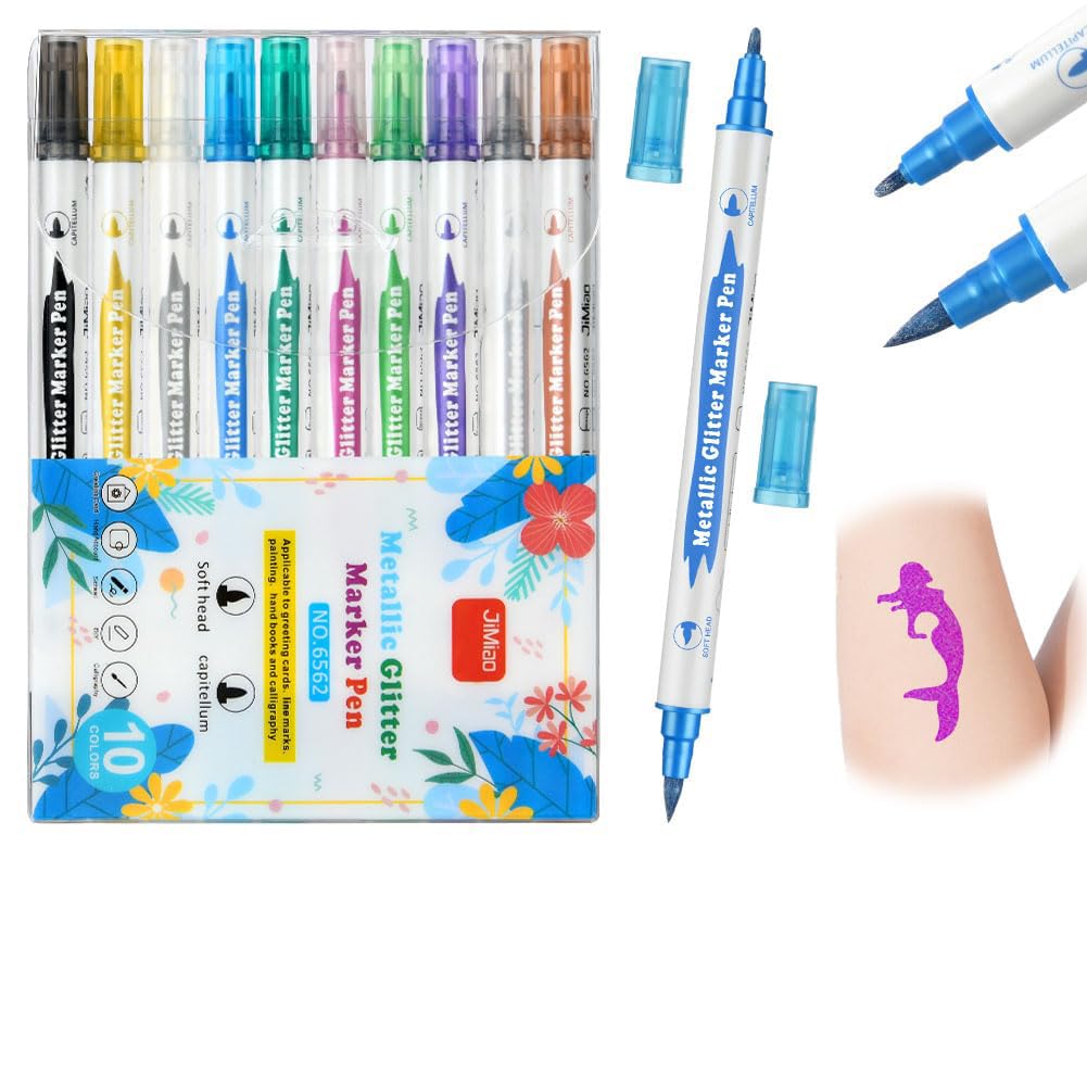 KASTWAVE Temporary Tattoo Pen, 10Pcs Double- ended Glitter Tattoo Pen Kit, Shimmery Body Tattoo Markers for Kids Party Dress Up
