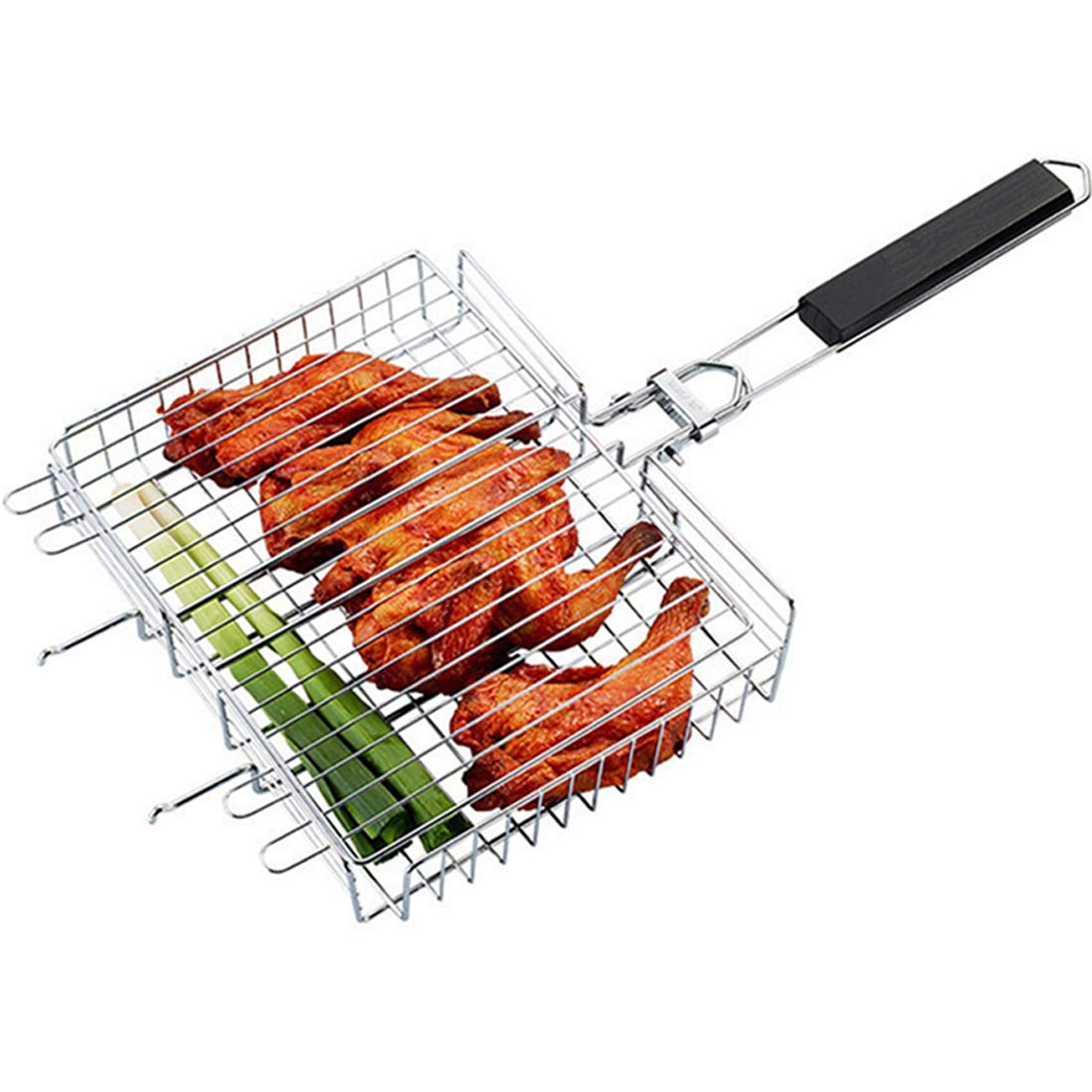 RWRAPS Cestello per grigliate per Barbecue, Cestello per griglia per Barbecue Portatile Pieghevole in Acciaio Inossidabile per Pesce arrosto Verdure Bistecca di gamberi, con Custodia, 31X25x5,5 cm