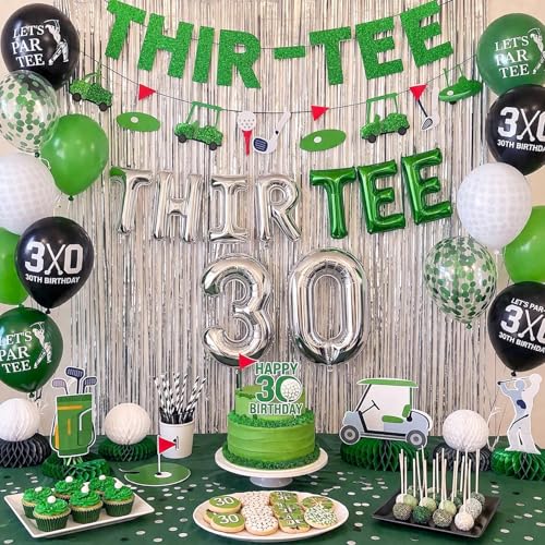 Image of 30th Birthday Decorations for Him, Golf 30th Birthday Decorations for Men Including THIR-TEE Banner Silver Fringe Curtain Golf Themed Honeycomb Centerpieces 30 Foil Balloons