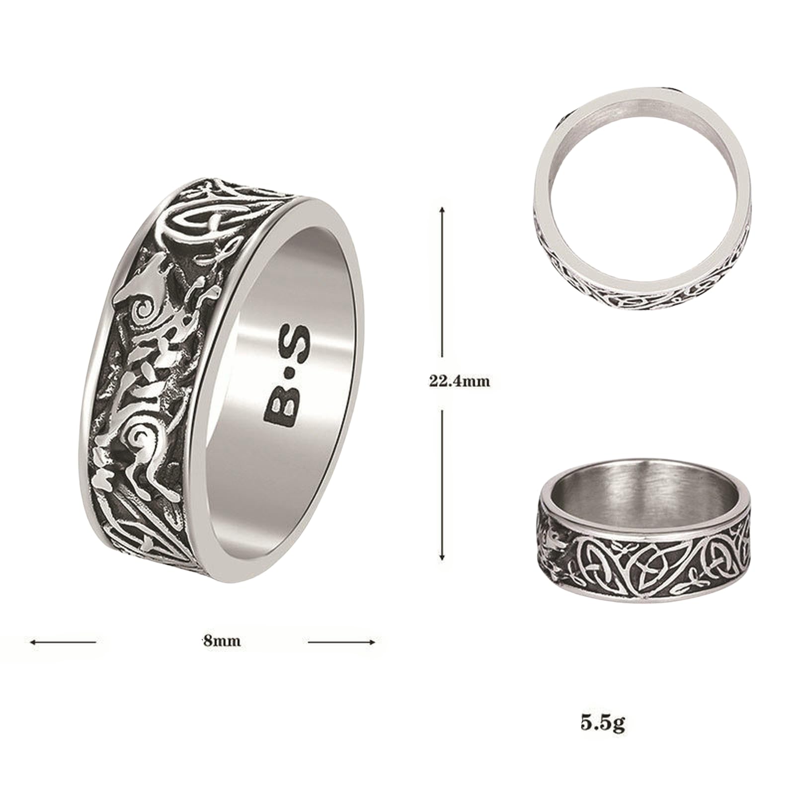 Edelstahl-Wikinger-Ring für Herren, nordischer keltischer Knoten-Schmuck, gravierter Doppelwolf, einzigartiges Geschenk
