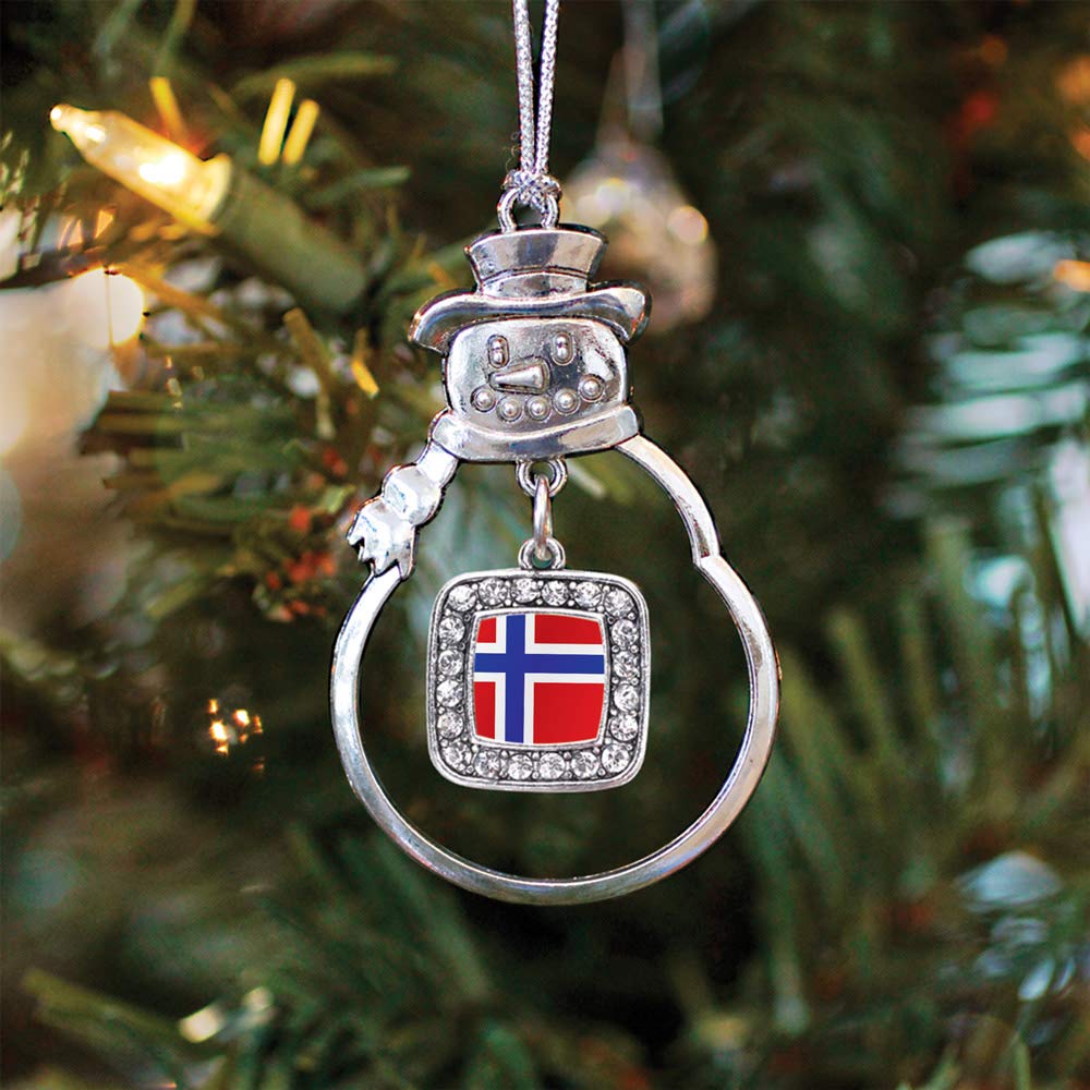 Inspired Silver - Norway Flag - Silver Christmas Ornament - Square Charm Christmas Tree Ornament with Cubic Zirconia - Snowman Hanging Decoration