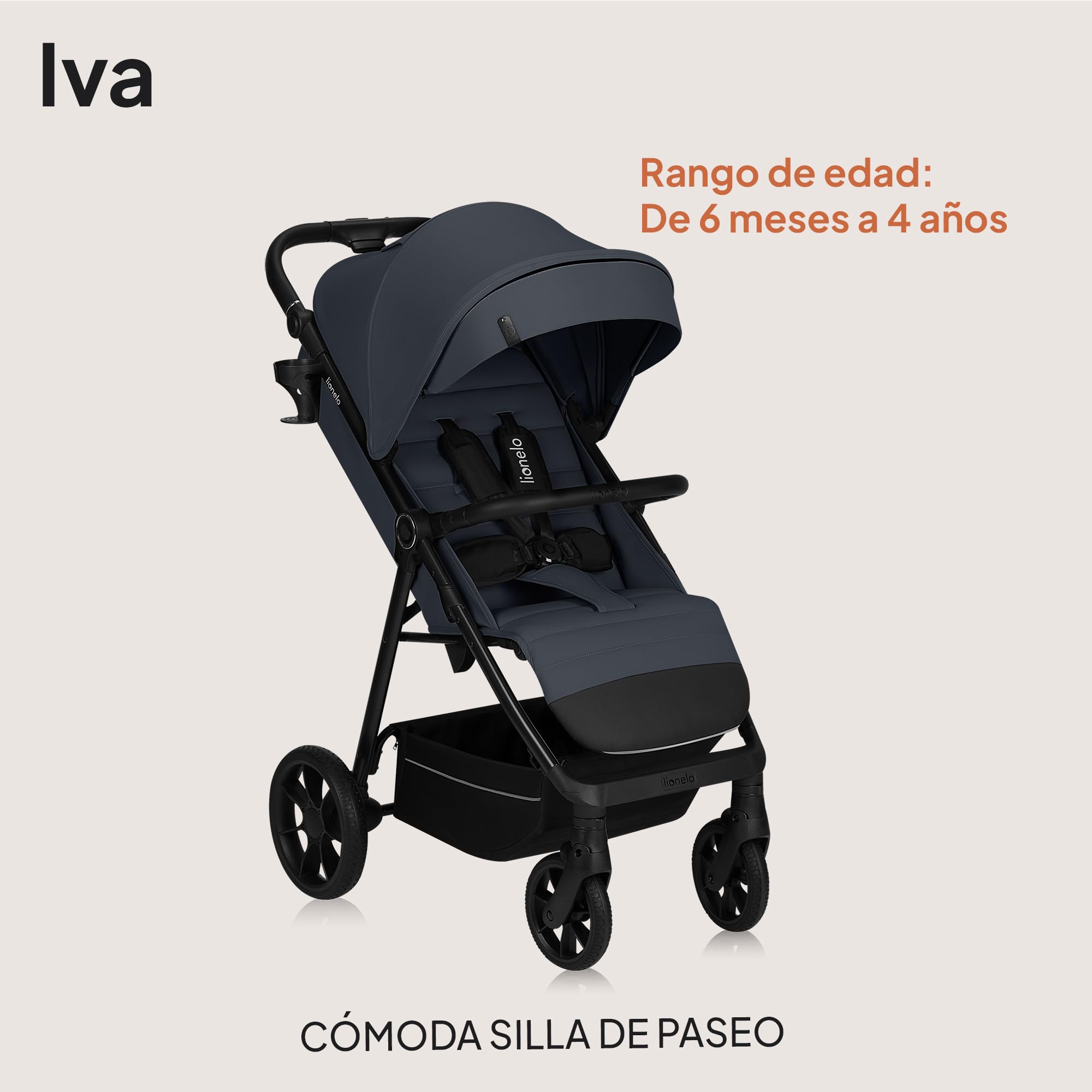 LIONELO IVA Silla Paseo Ligera Hasta 22 kg de 6 m a 4 años Ruedas Giratorias 360° Suspensión Total Ajuste del Manillar Respaldo y Reposapiés y Capota XXL UPF50+ Tejido Premium