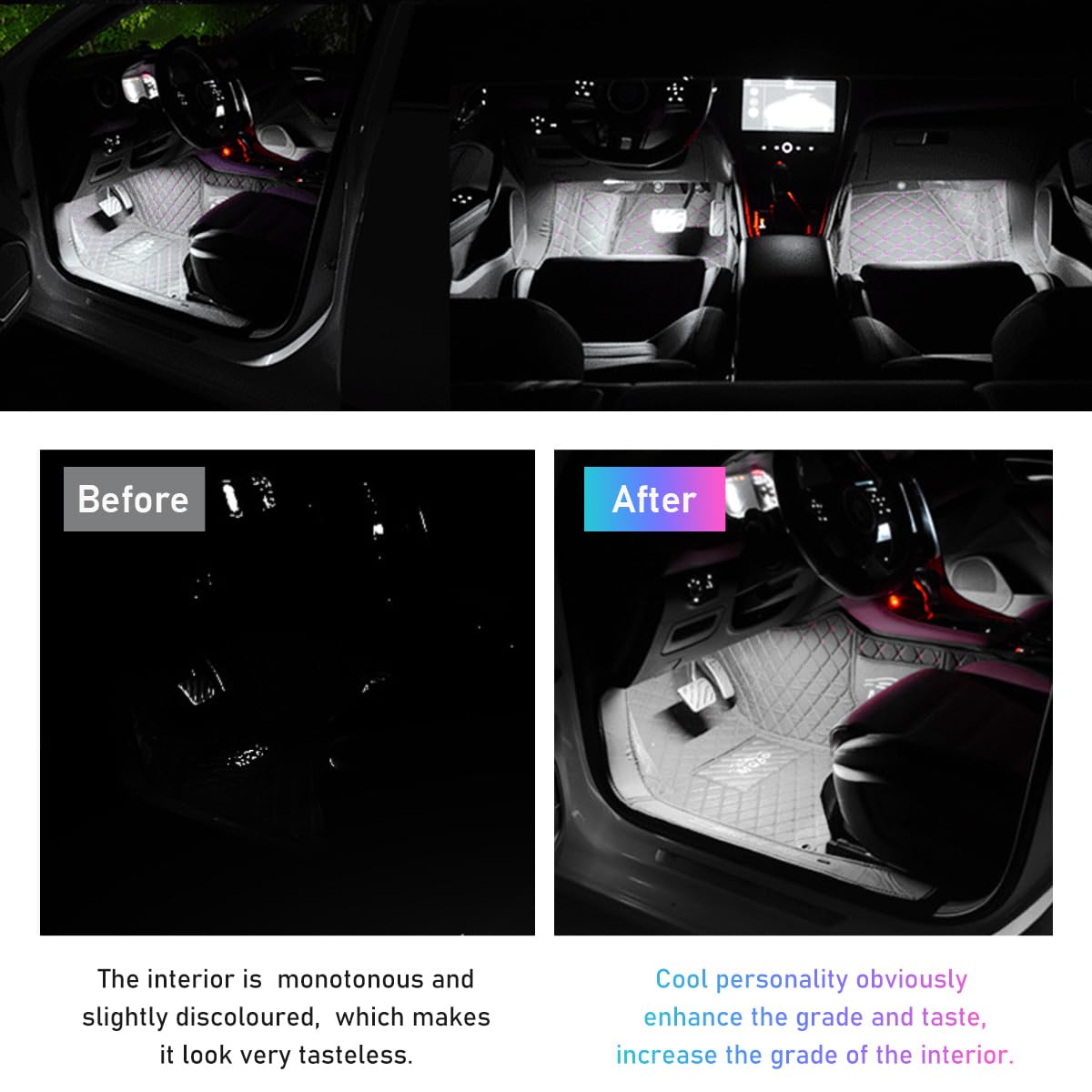 Ohleats Tira de luz LED para coche, 24 luces LED RGB para interior de automóvil, tira de luz nocturna ambiental para debajo del salpicadero, kit de iluminación de lámpara decorativa interior