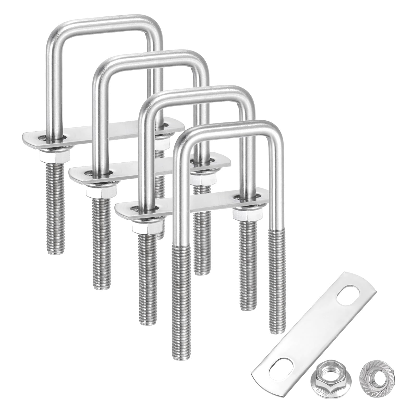 sourcing map 4 Set M8 1-9/16 Inch Inner Wide Square U Bolts, 4-5/16 Inch Length 304 Stainless Steel U-Bolts with Flange Hexagon Nuts, Frame Plates for Trailer, Automotive, (40mm W x 110mm L)