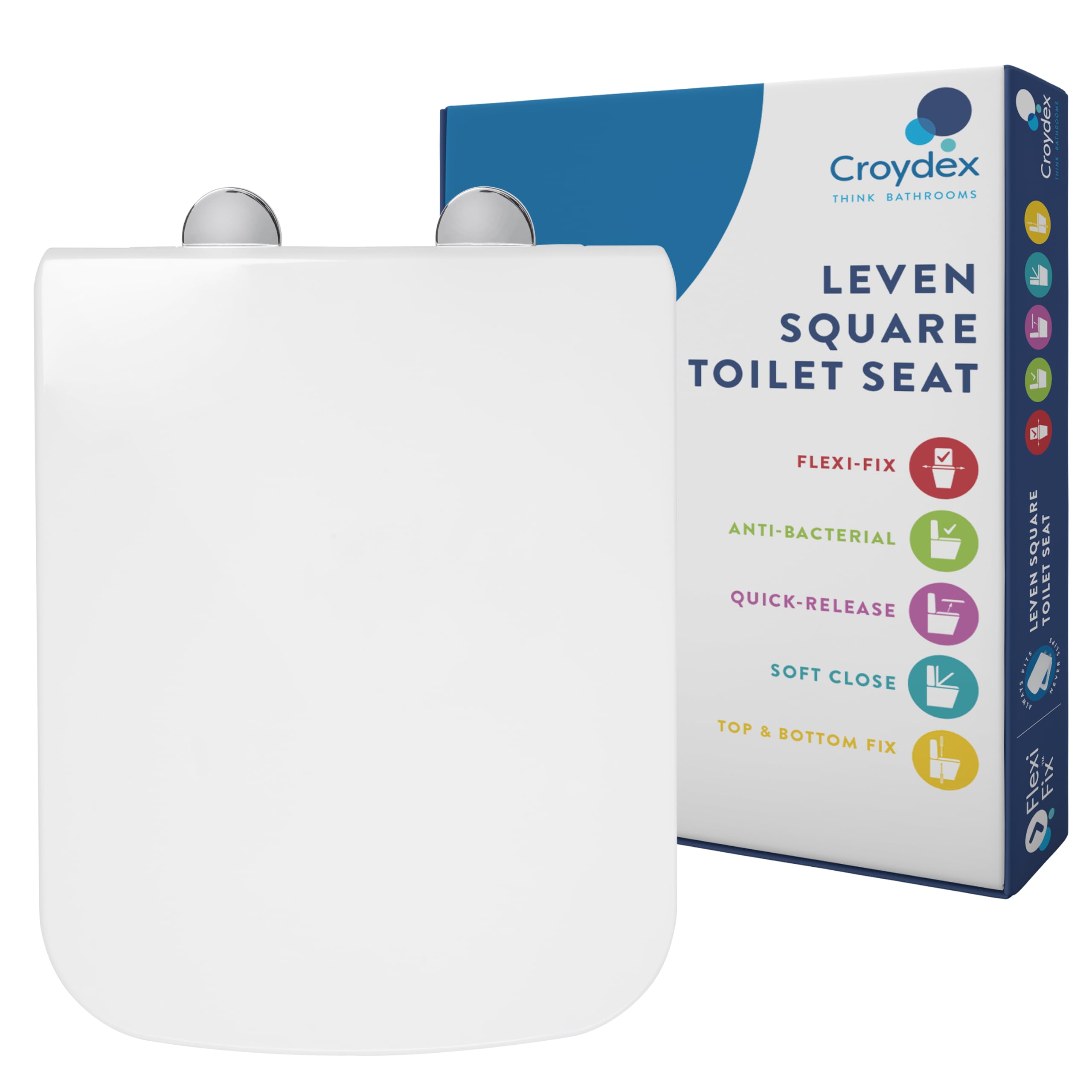 Croydex Leven Square Toilet Seat Soft Close - Quick Release Button For Easy Cleaning And Adjustable Hinges With Top And Bottom Fixings Included, Antib 5012044113337