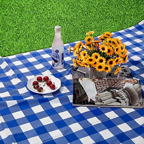Image of Kesfey 12 Packs Bule and White Checkered Tablecloths Party Picnic Disposable Table Covers 54 x 108 Inches Splashproof Plastic Checkered Gingham Tablecover for Outdoor Dinners Party Retro Celebrations