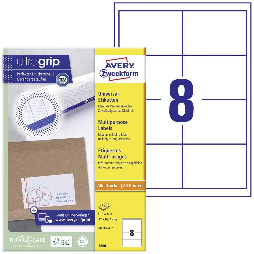 AVERY Zweckform 3660 Universal Etiketten (800 Klebeetiketten, 97x67,7mm auf A4, Papier matt, bedruckbare Versandetiketten, selbstklebende Versandaufkleber mit ultragrip) 100 Blatt, weiß