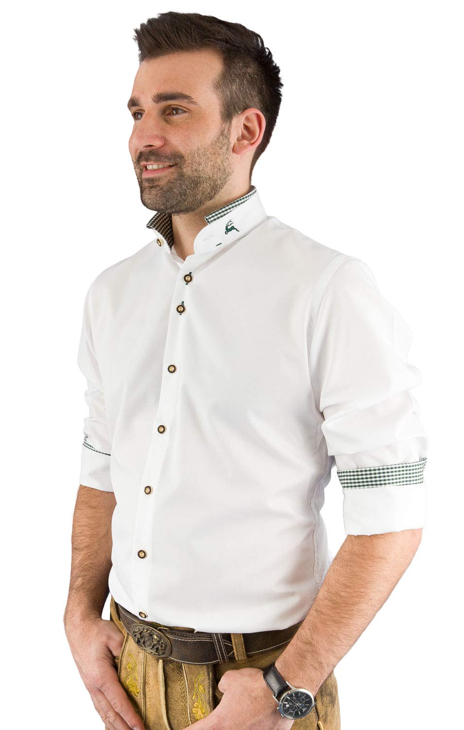 arido Trachtenhemd Herren 2624 255 Baumwollhemd Weiß Grün Kariert Hemd Stehkragen Modern Fit Freizeit Shirt