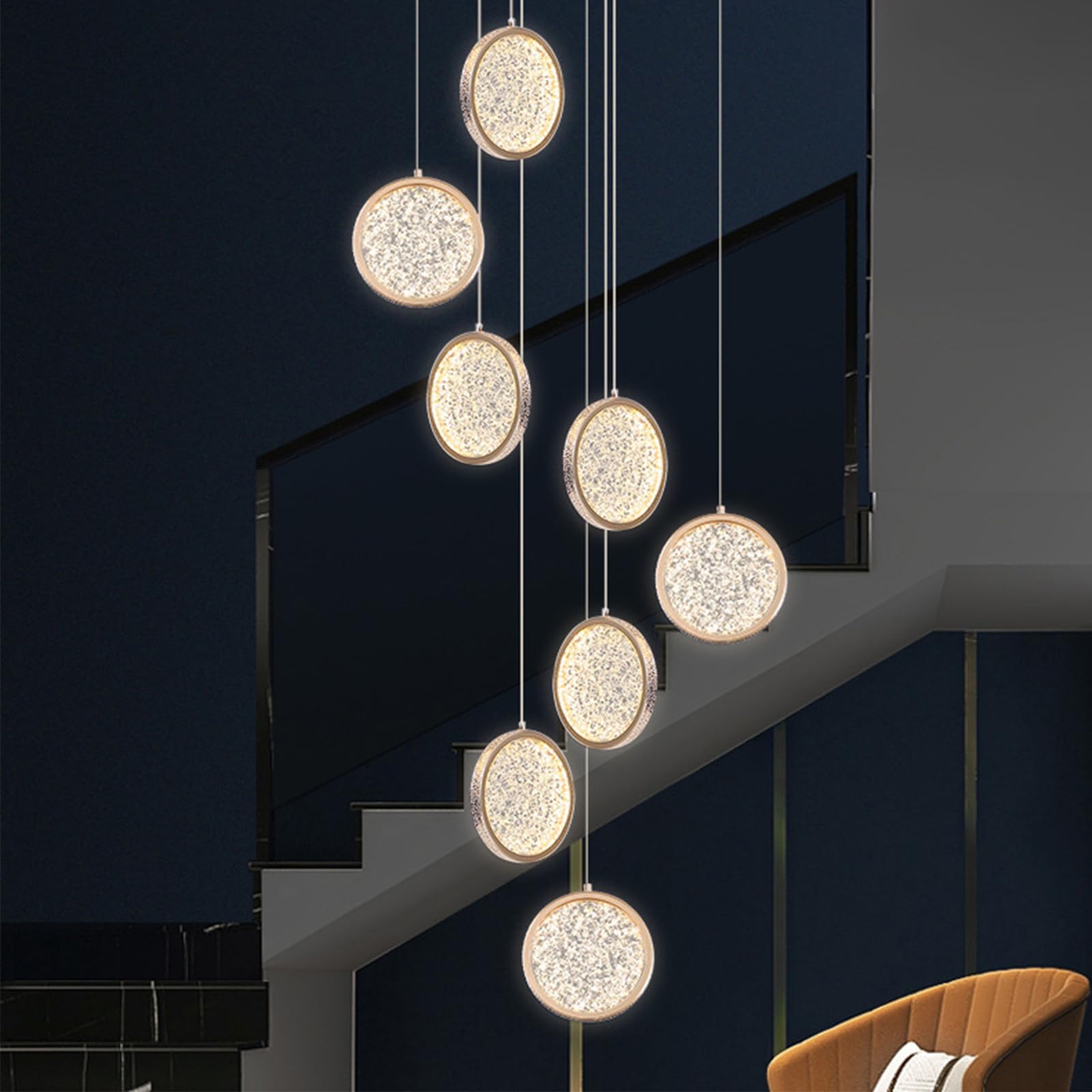 KXEcoLife LED Chandelier, 8 Ball 96W Staircase Pendant Light, Creative Long Hanging Lights, Adjustable Length Chandeliers, Modern Ceiling Lights in The Villa, Stairwells and Living Room