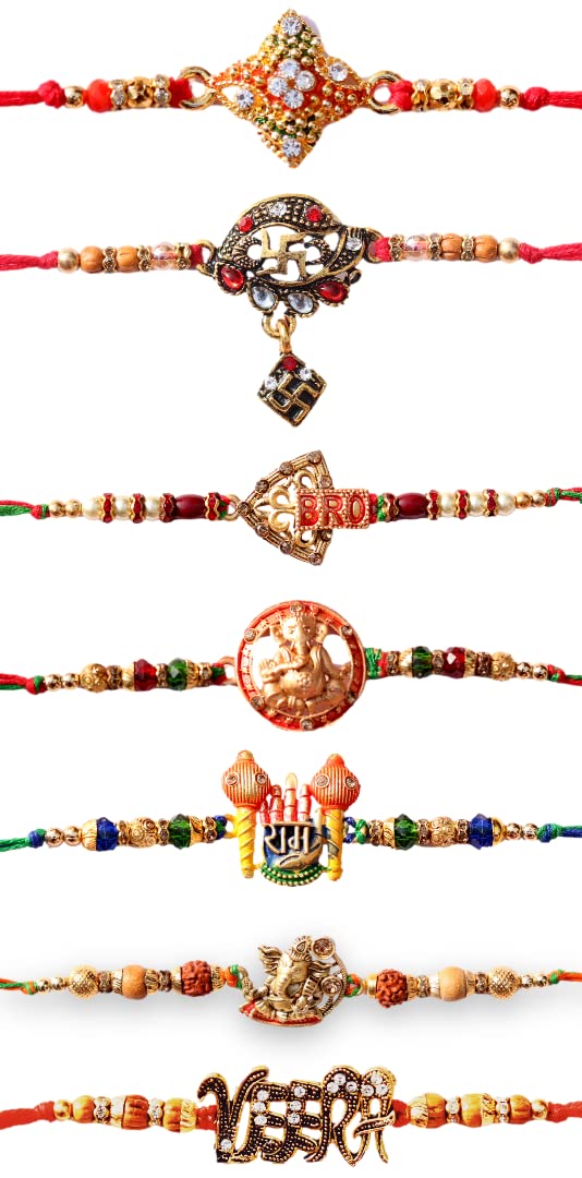 Geetanjali Crafts Handmade Rakhi Set – 6 Multicolor Gold Plated Rakhis With Pearls, Beads, Card, Roli & Chawal - View #3