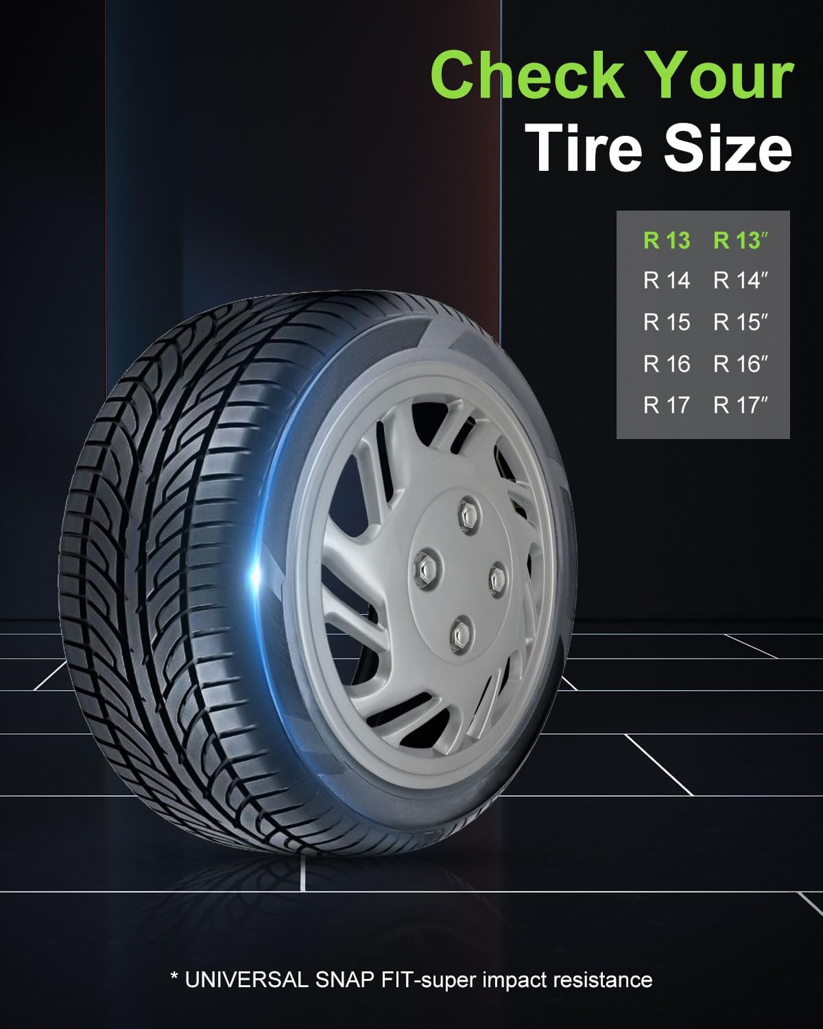 SCITOO 4-Piece 13 Inch Silver Hubcaps,Easy to Install and Suitable for a Variety of Models, Beautiful Appearance, Long-Lasting Universal-Fit Steel Wheel Rim Cover PP Material