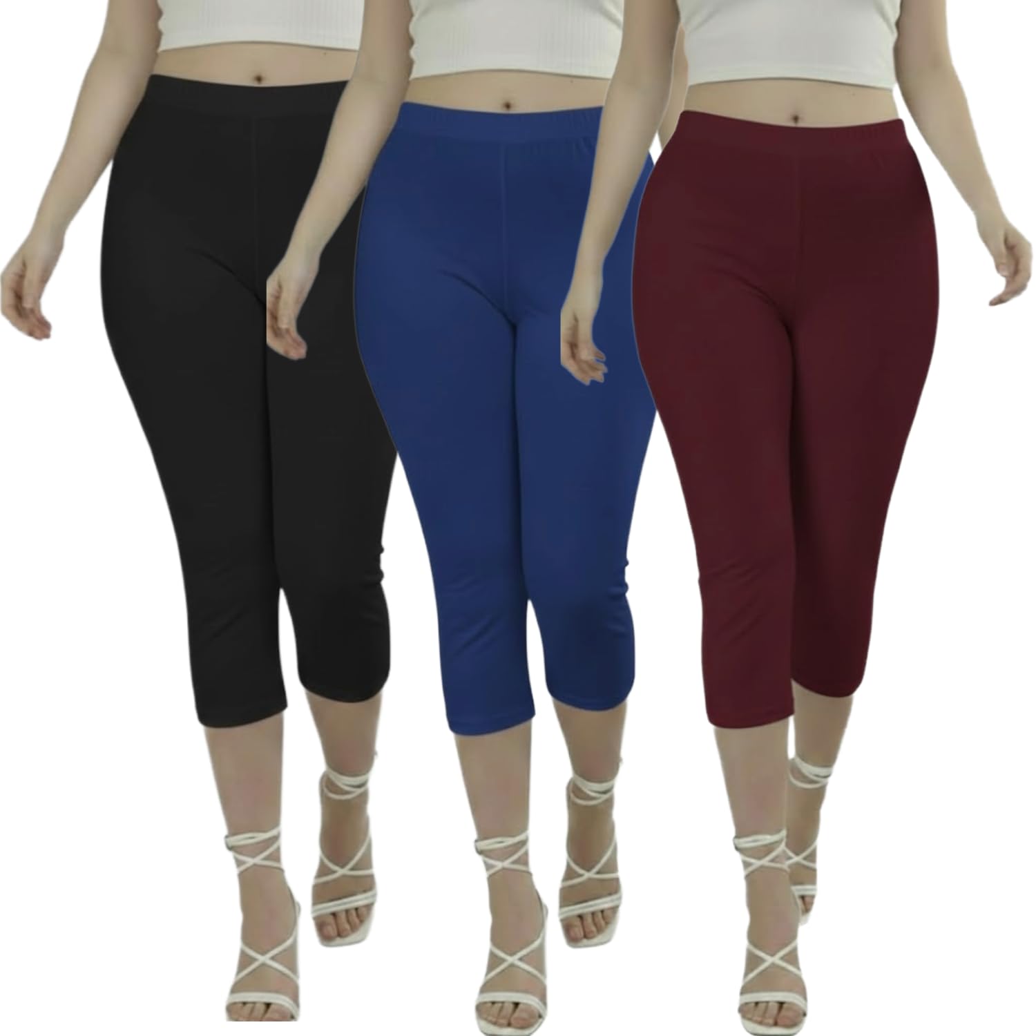 Women Cotton Stretchable Capri | Slim/Regular Fit | Breathable Yoga, Gym & Lounge Wear | High-Waist Stretchable 3/4 Length Leggings|Capri Pants for Women – Pack of 3-image-23