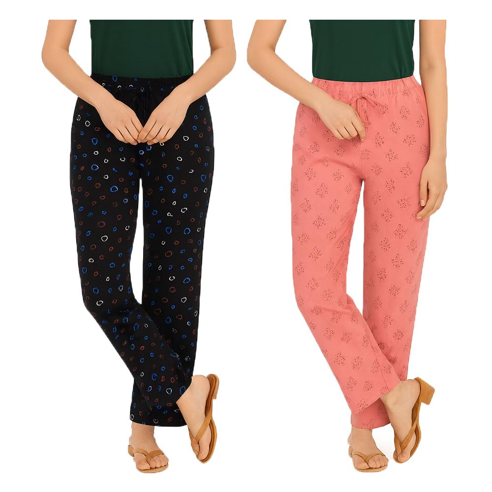 brand flex Womens Cotton All Over Printed Pyjama Pant for Girls Pack Of 2 (Black, Pink)-picture-37