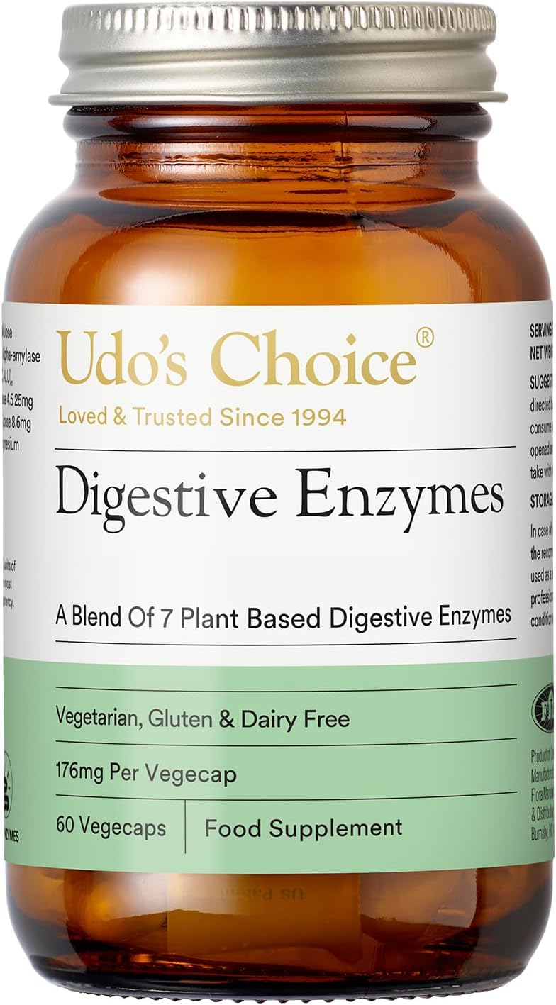 Digestive Enzymes Supplement – UDO’s Choice Enzyme Blend – 7 Plant-Based Enzymes for Protein, Carb & Fat Digestion – Supports Nutrient Absorption – Gluten & Dairy Free – 60 Vegecaps – One a Day
