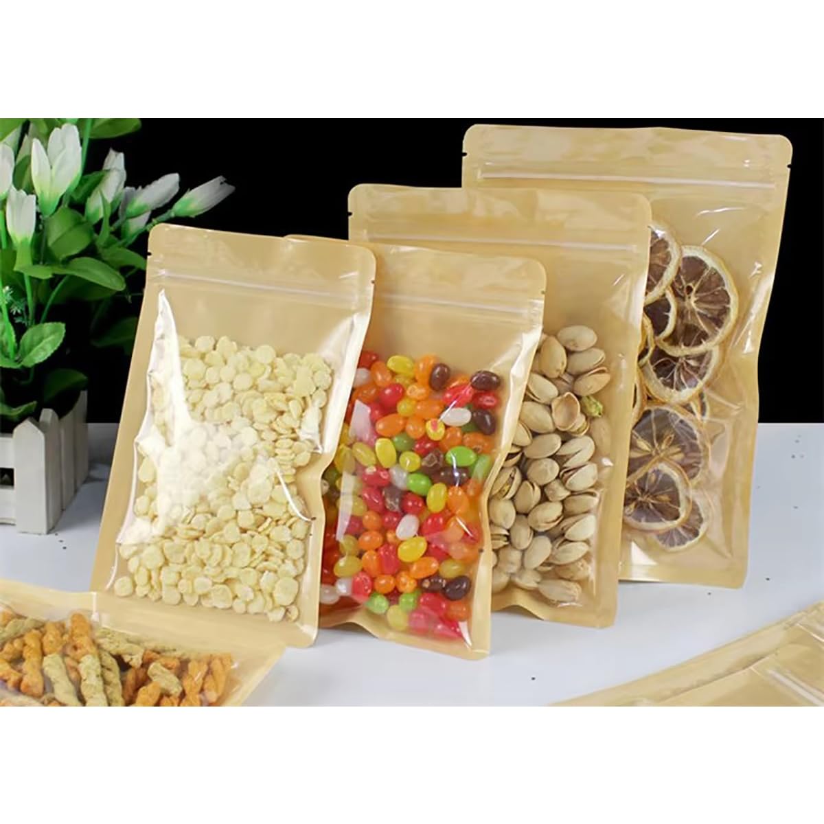 100 Bolsas De Almacenamiento De Alimentos con Cierre Hermético Frontal Transparente, Bolsas De Papel Kraft Resellables, Bolsas De Papel Marrón Autosellantes para Té Y Café, 16cm x 24cm
