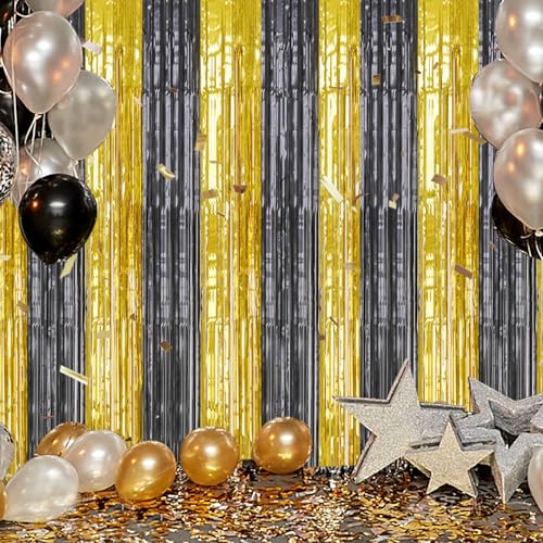 Image of DECOCKRAT 3 Pack Foil Fringe Backdrop - Black&Gold Shiny Tinsel Curtains for Party Decoration /Photo Booth Props - 3.3x8.2 FT Metallic Foil Backdrop for Birthday, Wedding, Graduation, Christmas.