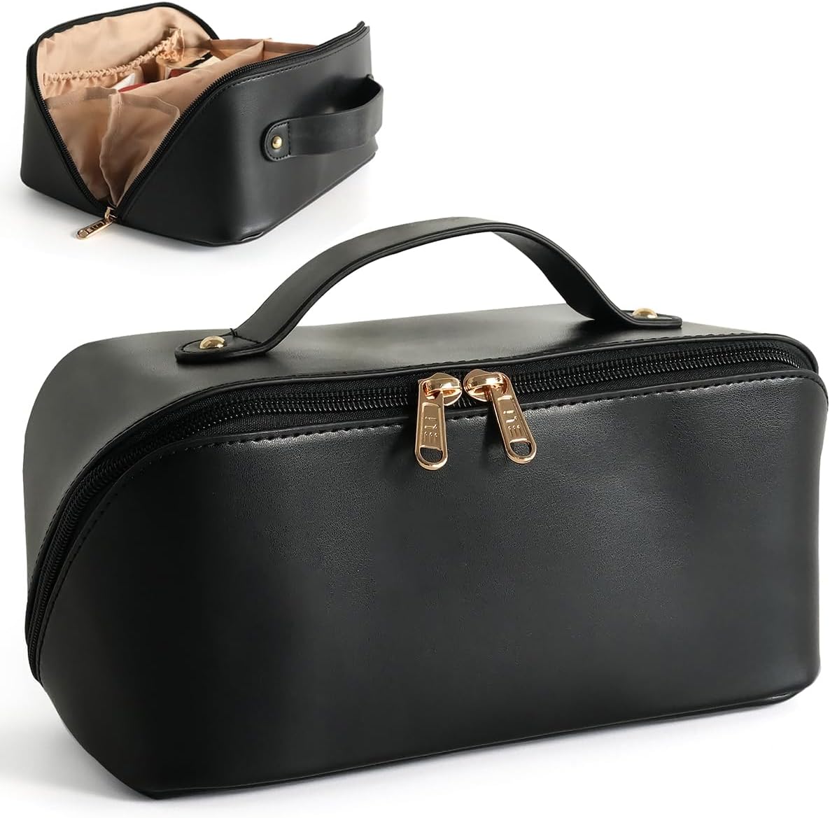 Large Capacity Cosmetic Travel Makeup Storage Bag with Handle Portable Zipper Cosmetic Toiletry Makeup Bag Large with Compartments for Women Girls (Black)