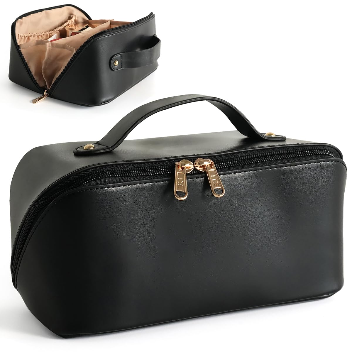 MAMUNU Large Capacity Cosmetic Travel Makeup Storage Bag with Handle Portable Zipper Cosmetic Toiletry Makeup Bag Large with Compartments for Women Girls (Black)