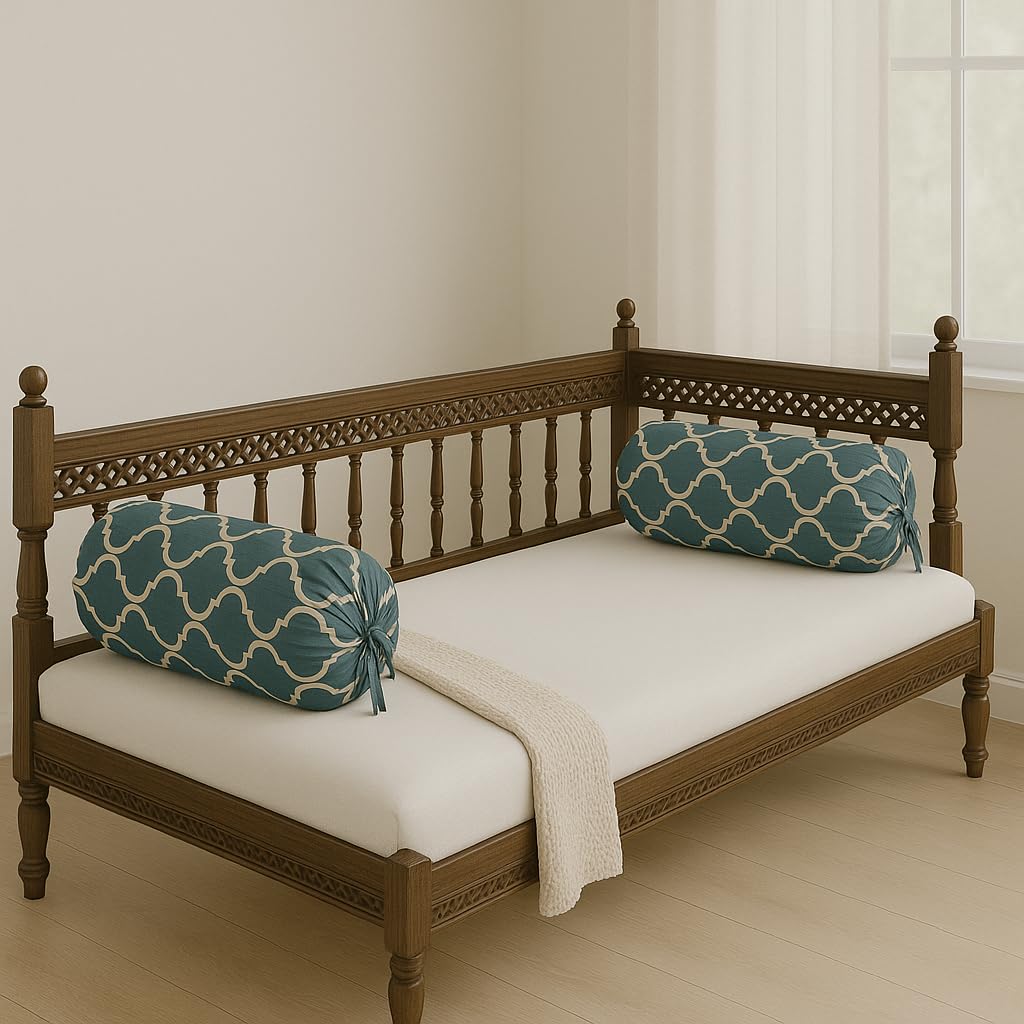 Trance Home Linen 100% Cotton Print Bolster Cover Set | 16X32 Inches | 200 Tc | Dewan Round Pillow Covers Only | Bed Side Long Pillow Case | Soft And Comes With Adjustable Tie - (Dori Blue-Pack Of 2)