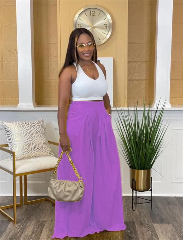 Flowy Pants for Women Casual High Waisted Wide Leg Palazzo Pants Trousers with Pocket Plus Size