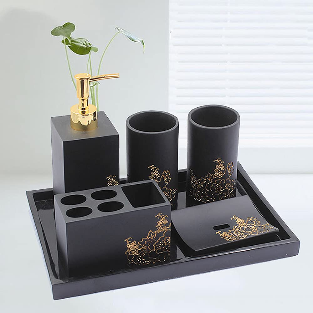 BERTY·PUYI Accesorios De Baño De Resina (Juego De 6) - Elegante Juego De Baño De Resina con Jabonera, Dispensador De Loción, 2 Vasos, Soporte para Cepillo De Dientes, Bandeja