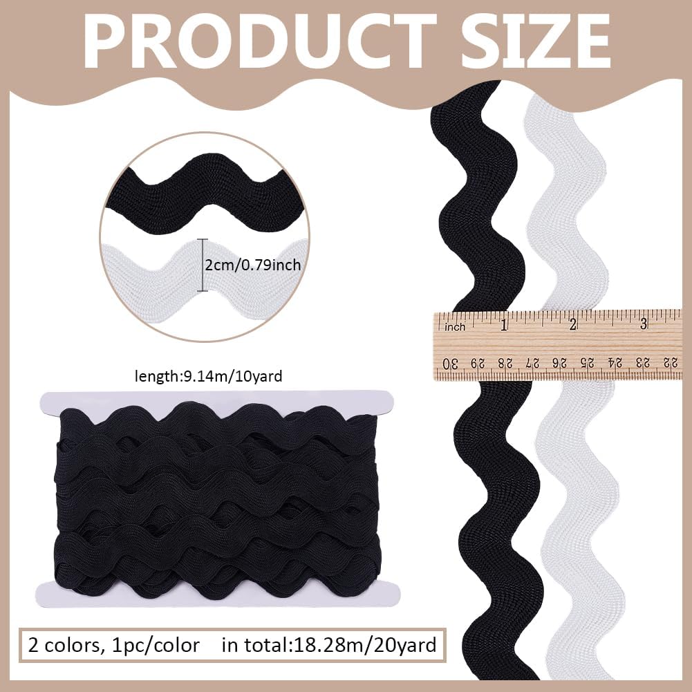 PH PandaHall 20 Yards Rick Rack Trim 0.78 inch Wide Wave Bending Fringe Trim 2 Colors White Black Braided Woven RIC Rac Ribbon for Wedding Dress Costumes Party Sewing Crafting Home DIY Decoration