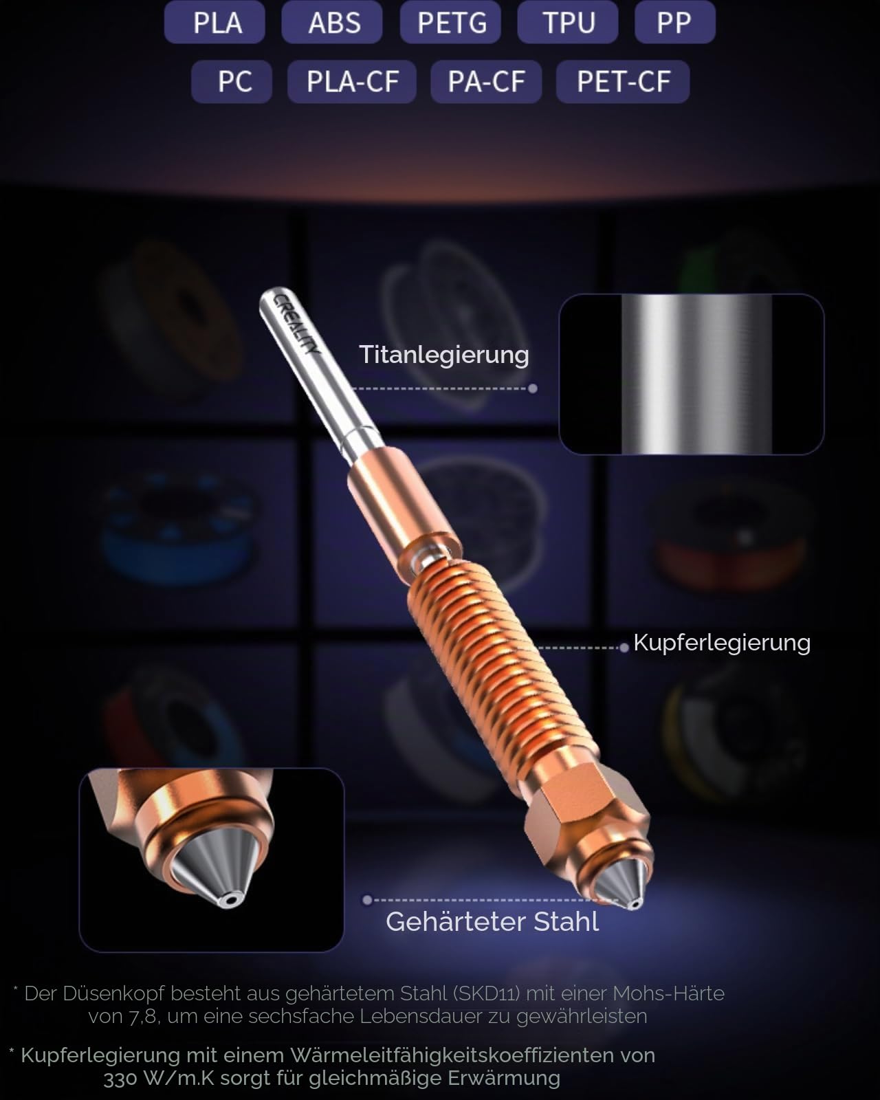 Offizielle Creality K1C Düsen 0.4mm, 0.6mm, 0.8mm 4PCS, Einhorn Quick-Swap 3D Drucker Düse Kit, Ender 3 V3 Düsen Kupferlegierung und gehärtete Stahldüse für Creality K1C, Ender 3 V3 3D Drucker