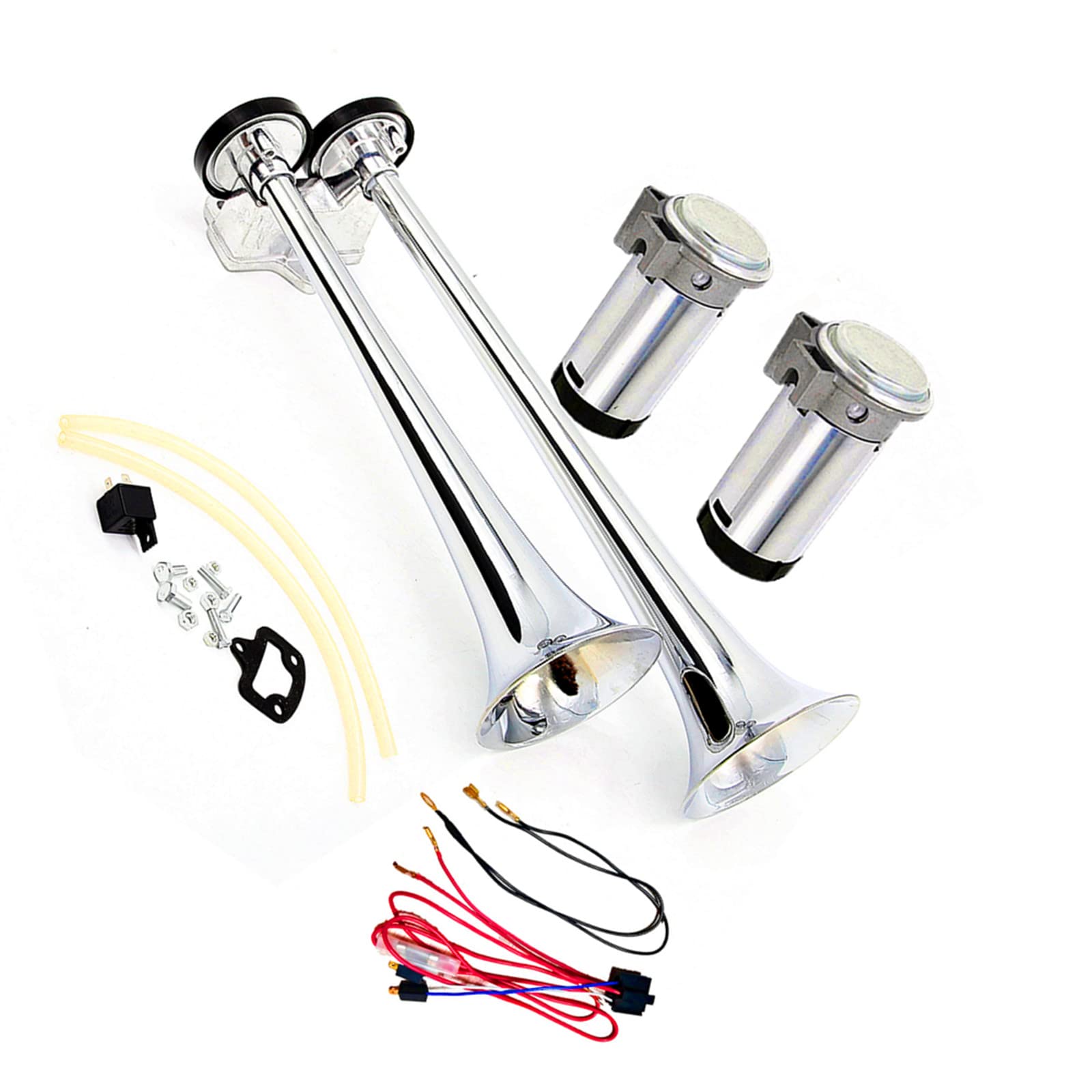 Klaxon de voiture Air Horn 165db Klaxon de camion 12V Haut-parleur de Trompette à double tube en zinc chromé argenté avec deux pompes à air Compresseur Car Horn pour 12V camion bateau SUV etc