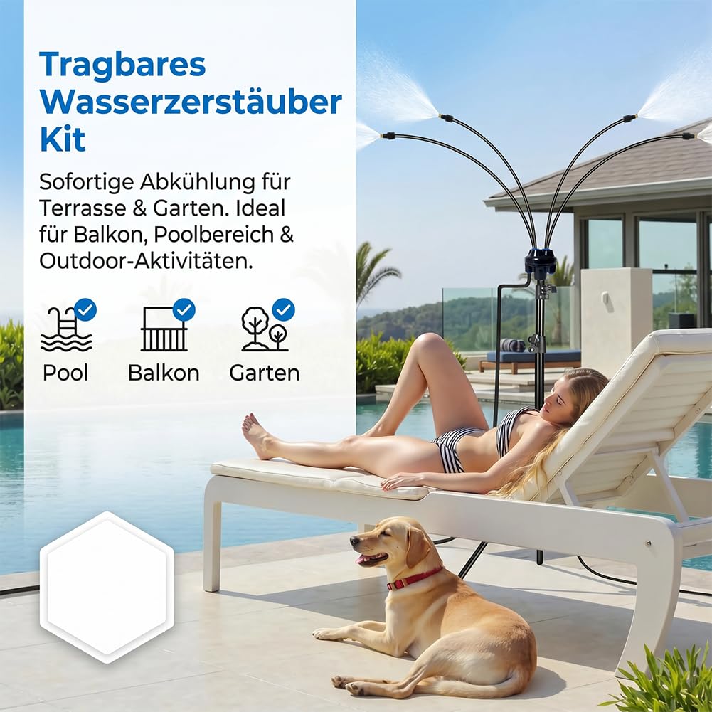Wassernebel Kühlung Terrasse - Höhenverstellbarer Sprühnebel Terrasse mit 8m Schlauch & Messingnebeldüsen - Tragbarer Wasserzerstäuber für Garten, Balkon & Outdoor Abkühlung (1Pc)