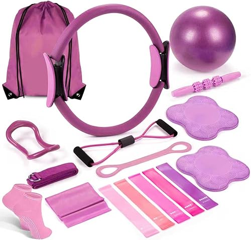 Juego de 17 piezas de anillo de pilates, accesorios de equipo, entrenamiento, incluye pelota de pilates, círculo mágico, anillo de yoga, rodilleras