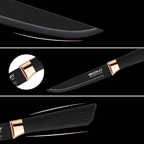 Miniatura 3 de Juego de 8 cuchillos para carne, cuchillos de carne dentados de acero alemán con mango suave al tacto ergonómico (negro)