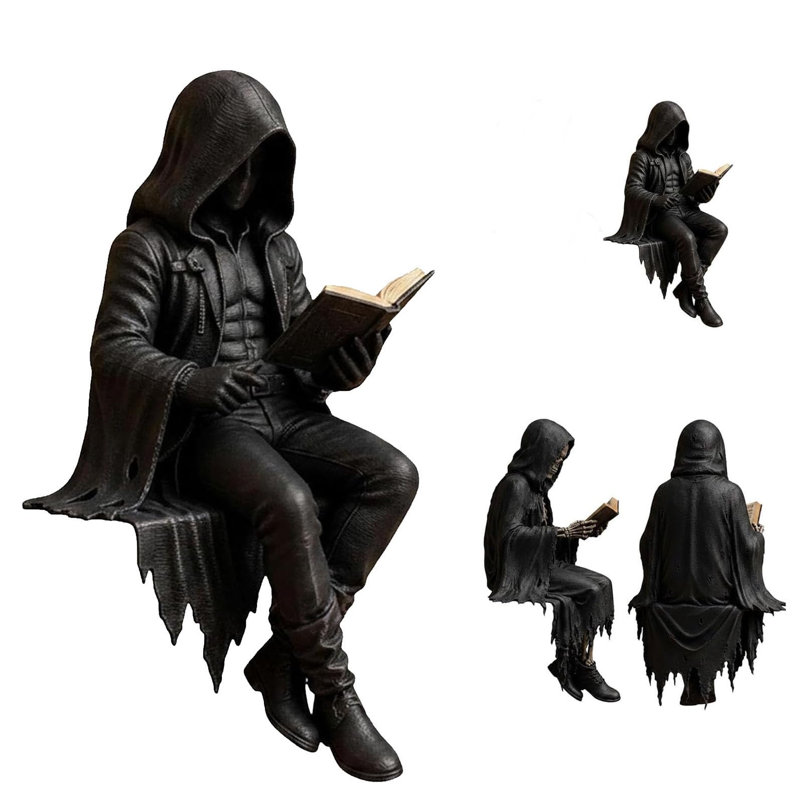 OEHUG Gothic Dark Fantasy Figure,Gothic Skeleton Hooded Reader Statue (A)