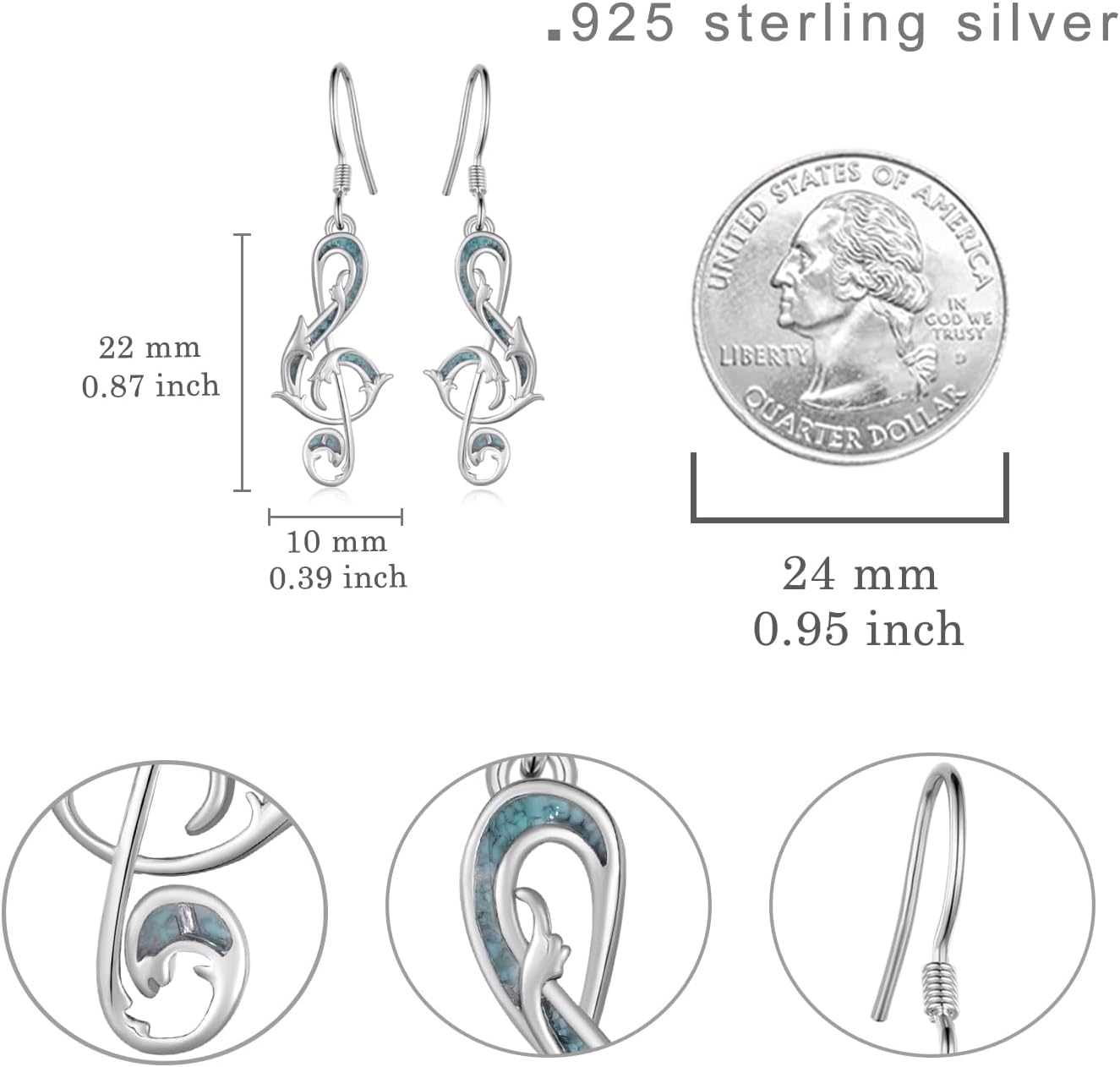 Music Note Earrings 925 Sterling Silver Turquoise Treble Clef Earrings Music Wave Jewelry Gifts for Women - Image 4