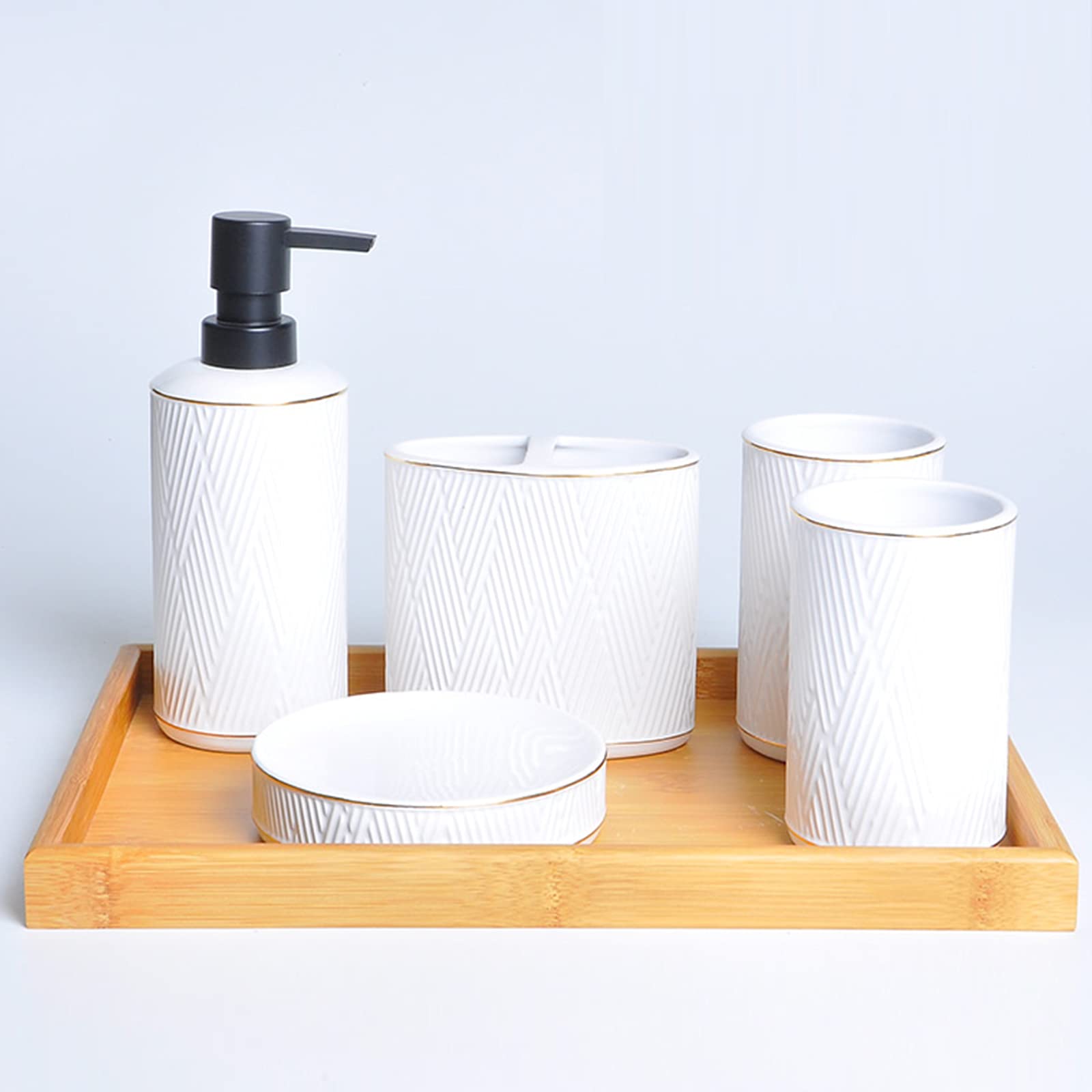 Accessori da Bagno in Ceramica Set da Bagno Dispenser di Sapone con Motivo A Righe Minimalista Moderno, Portaspazzolino, Bicchiere, Portasapone,Bianca,6Pcs2