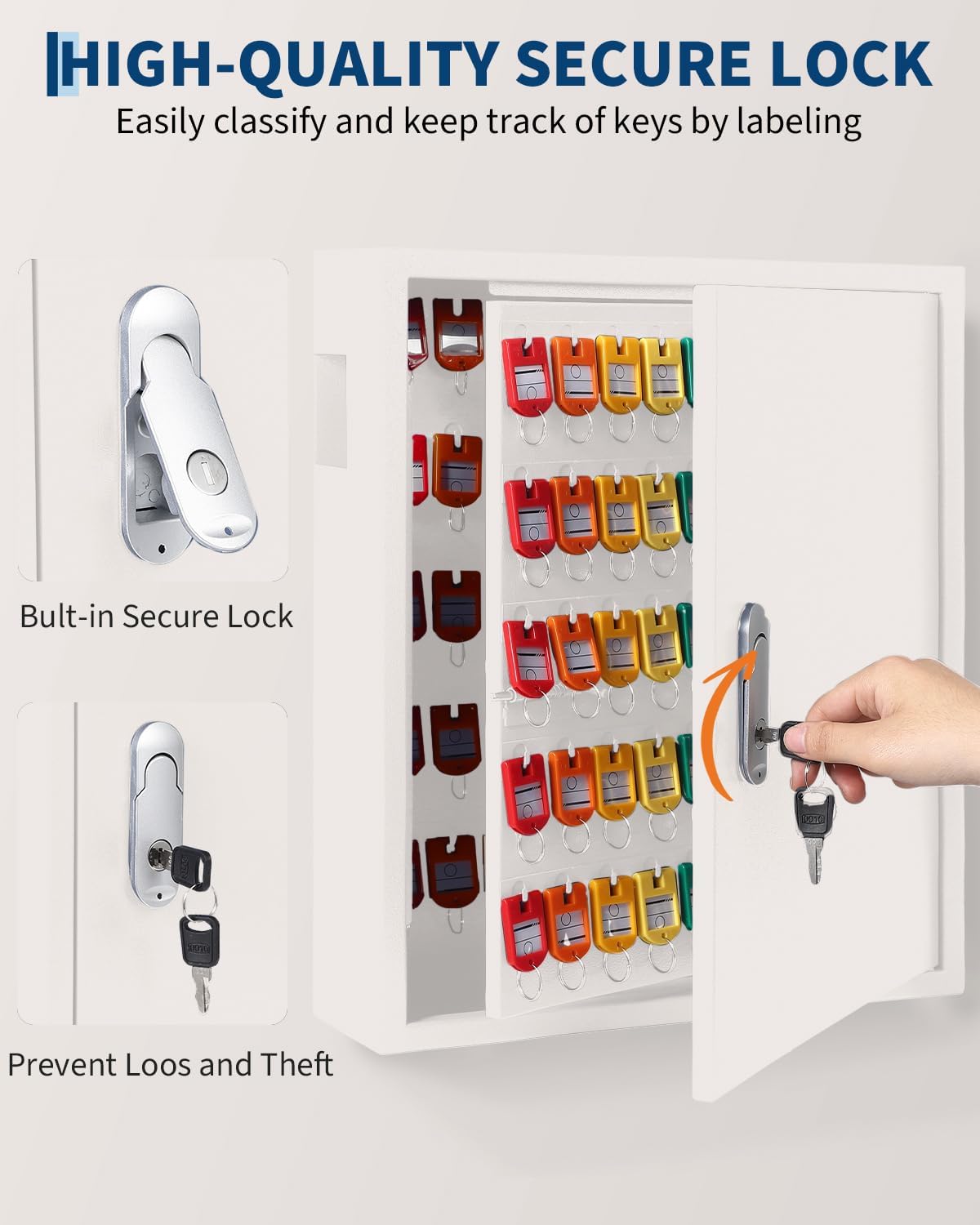 Garvee 150 Keys Cabinet Organizer, Wall Mount Steel Key Lock Box with 2 Keys, 133 Hooks & Colored Tags, Secure Key Storage for Hotel, Valet, Office, Car Key Management, Heavy Duty, White