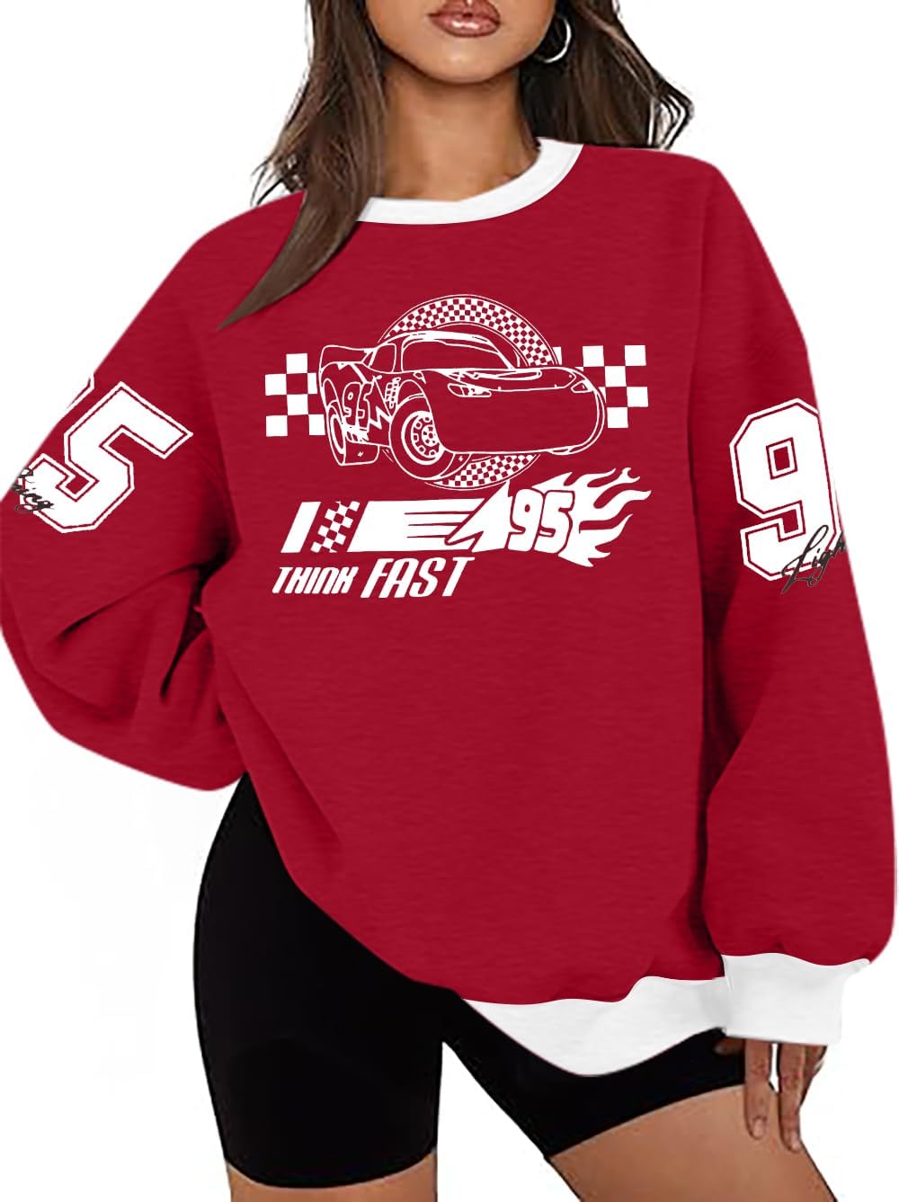 FLOYU Oversized Women's Car Graphic Sweatshirt Cars Land Pullover Vacation Trip Long Sleeve Shirt Car Racer Lover Clothes
