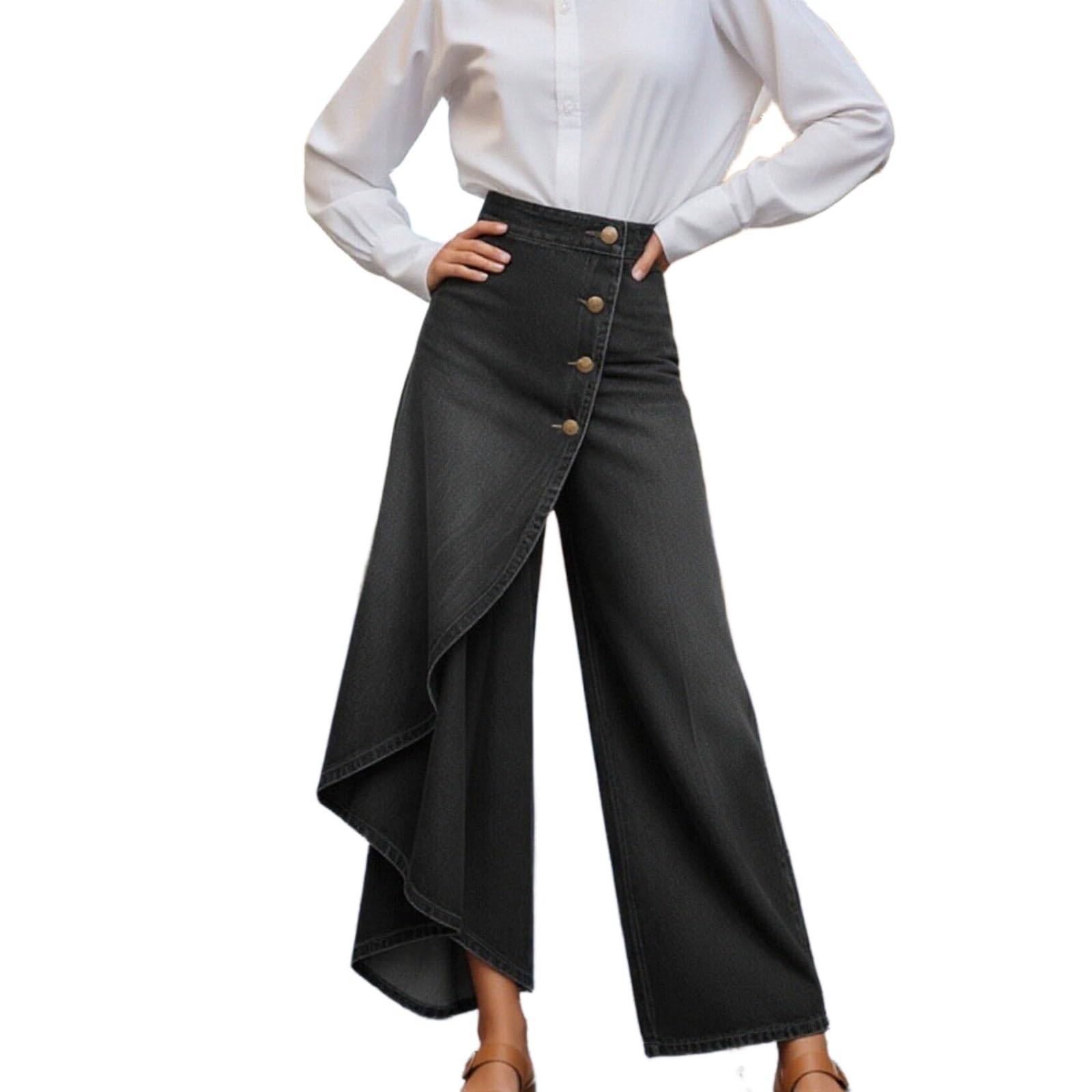 Generisch Baggy Jeans da donna a 7/8 estivi, elegante gonna a pantaloncino Palazzo, leggero, per il tempo libero, asimmetrico, orlo in jeans Culotte, gamba larga, pantaloni in denim a vita alta
