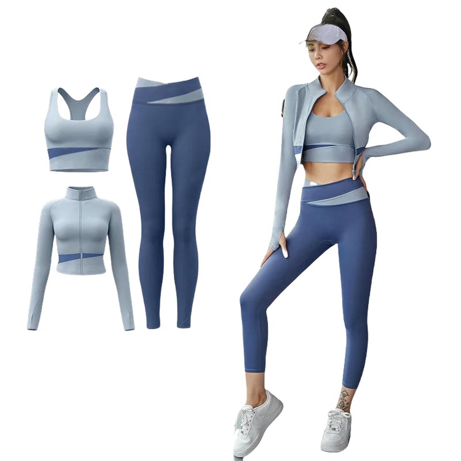 Shapewear Kobiety Joga Patchwork 3 Piece Set Fitness Gym Coats+Bra+Legginsy Trening Running Sportswear Odzież Femme-3 Piece Set C-L