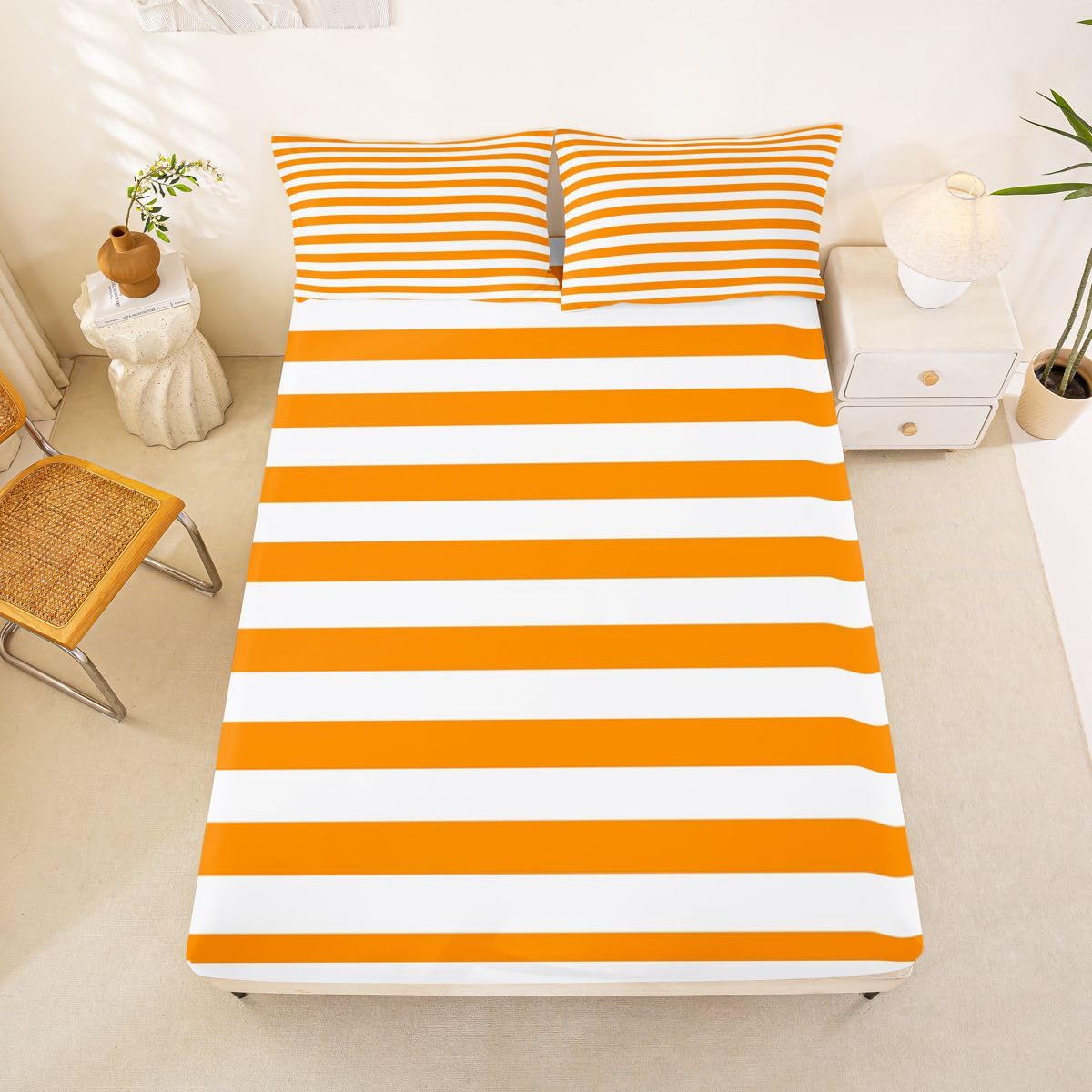 Manfei Orange-weiß gestreiftes Kinder-Bettlaken, volle Größe, gestreift, Retro, abstrakt, ästhetisches Bettwäsche-Set, modern, geometrisch, minimalistisch, Kinderzimmer-Dekor, schlichtes klassisches