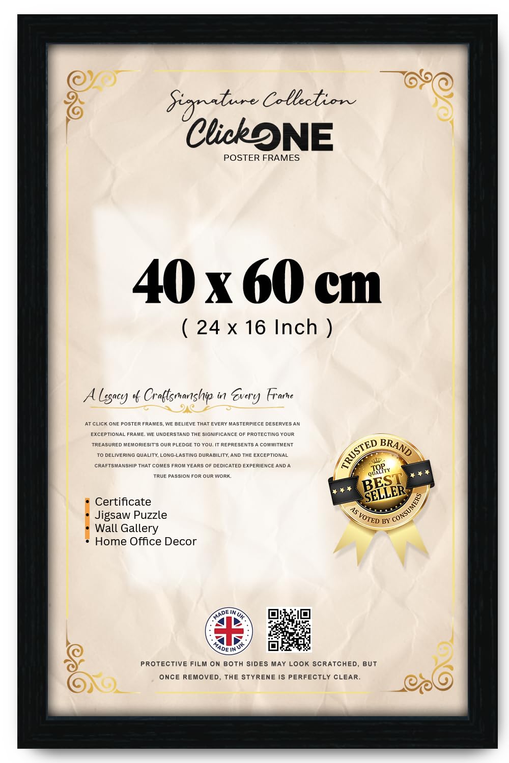 Click One | Elegant Rectangle Poster Picture Frame (40 X 60 CM) Solid Engineered Wood Finish With Styrene MDF Backing Board — Wall Art Gallery Décor Black | For Living Room Bedroom Office Display