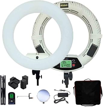 Dimmable LED Ring Light Kit FE-480II for Portrait Selfie YouTube Photo Video Studio Lighting with Remote Control, Tripod, Bag, Mirror, Photo Holder, Batteries, Chargers and Carrying Bag Black