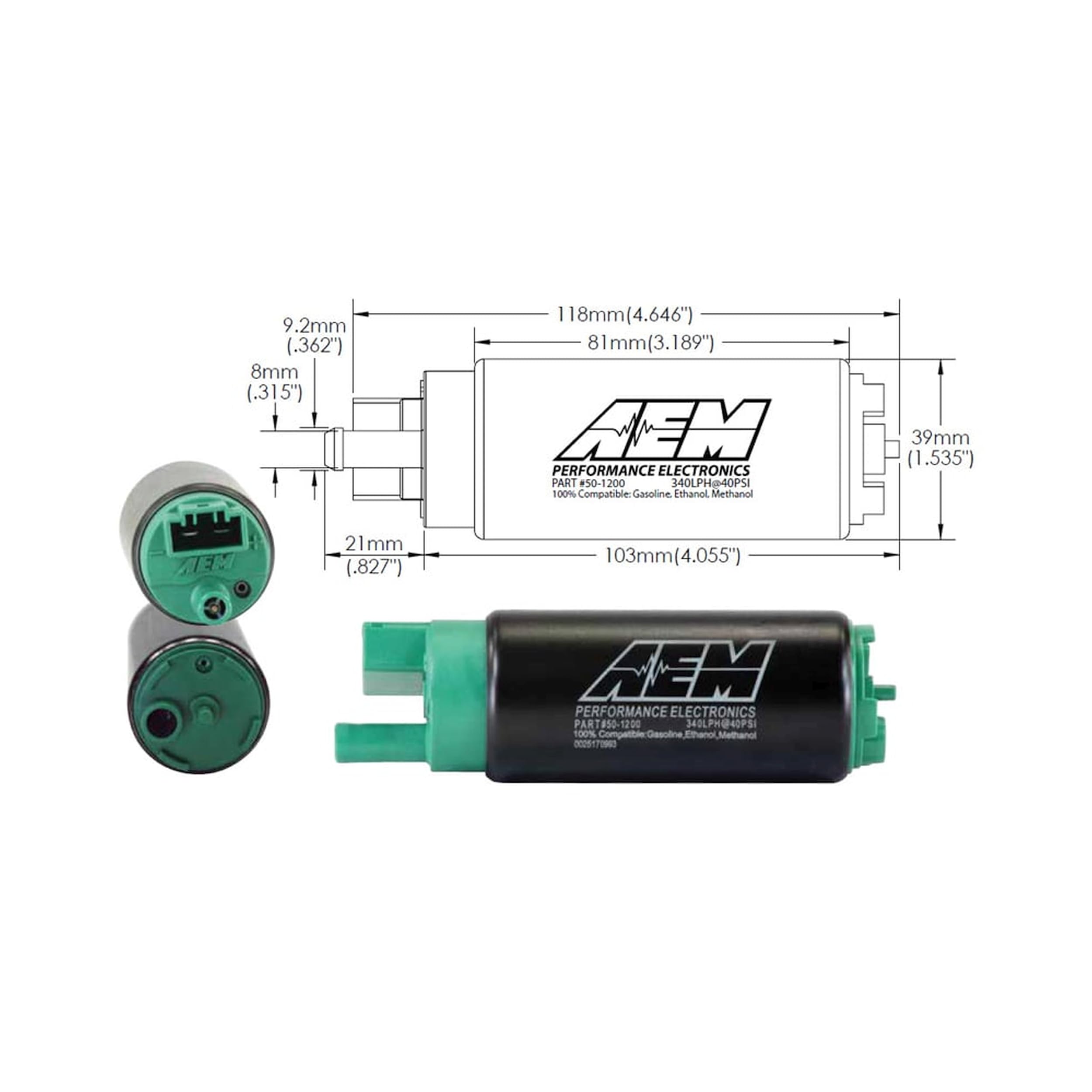 AEM Bomba de combustible 50-1200 para combustibles de etanol E100 y metanol M100, verde