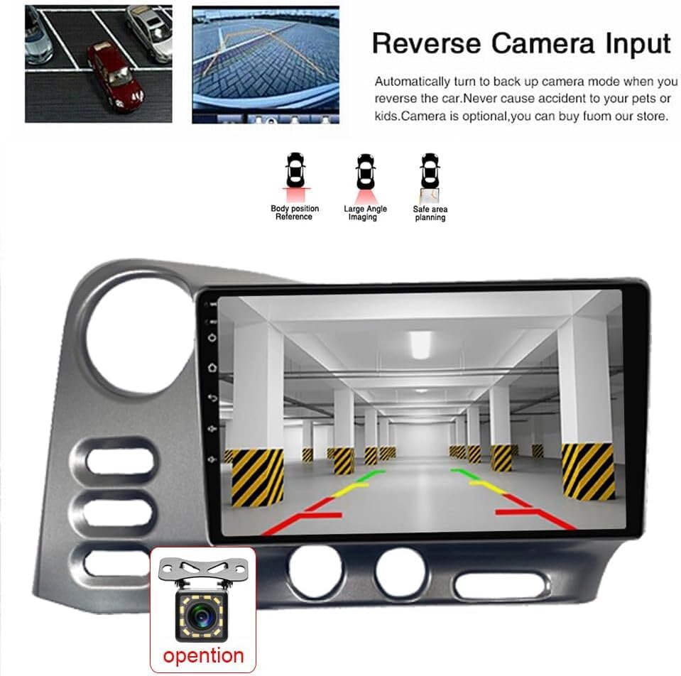Screenshot of the car stereo display showing a reverse camera view with parking guidelines. Text indicates 'Reverse Camera Input' and explains its automatic activation when reversing.