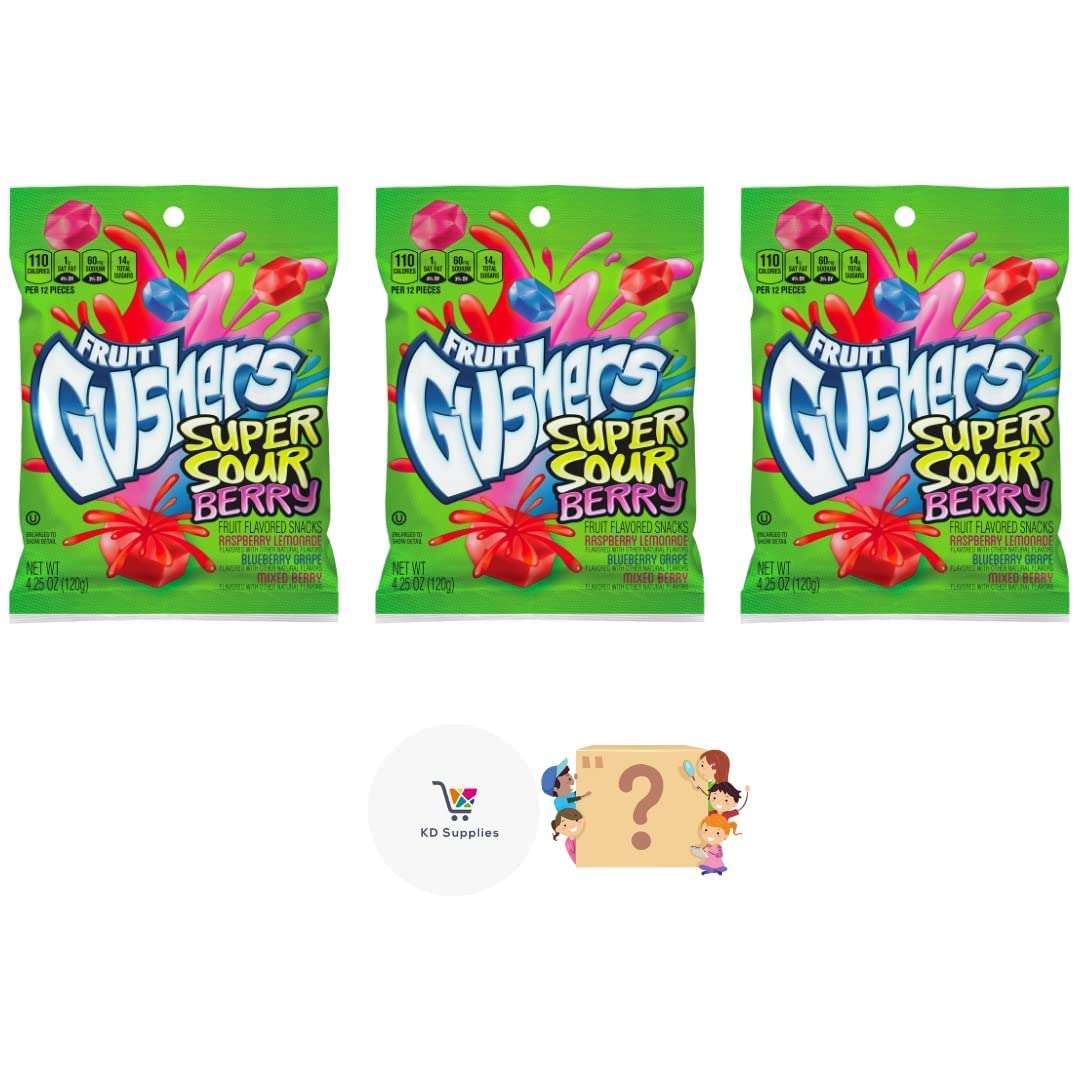 Fruit Gushers Specialty Flavors - Gluten Free Low Calorie Fruit Flavored Snacks, 4.25oz (Pack of 3) + Bonus Nostalgic Candy (Super Sour Berry)